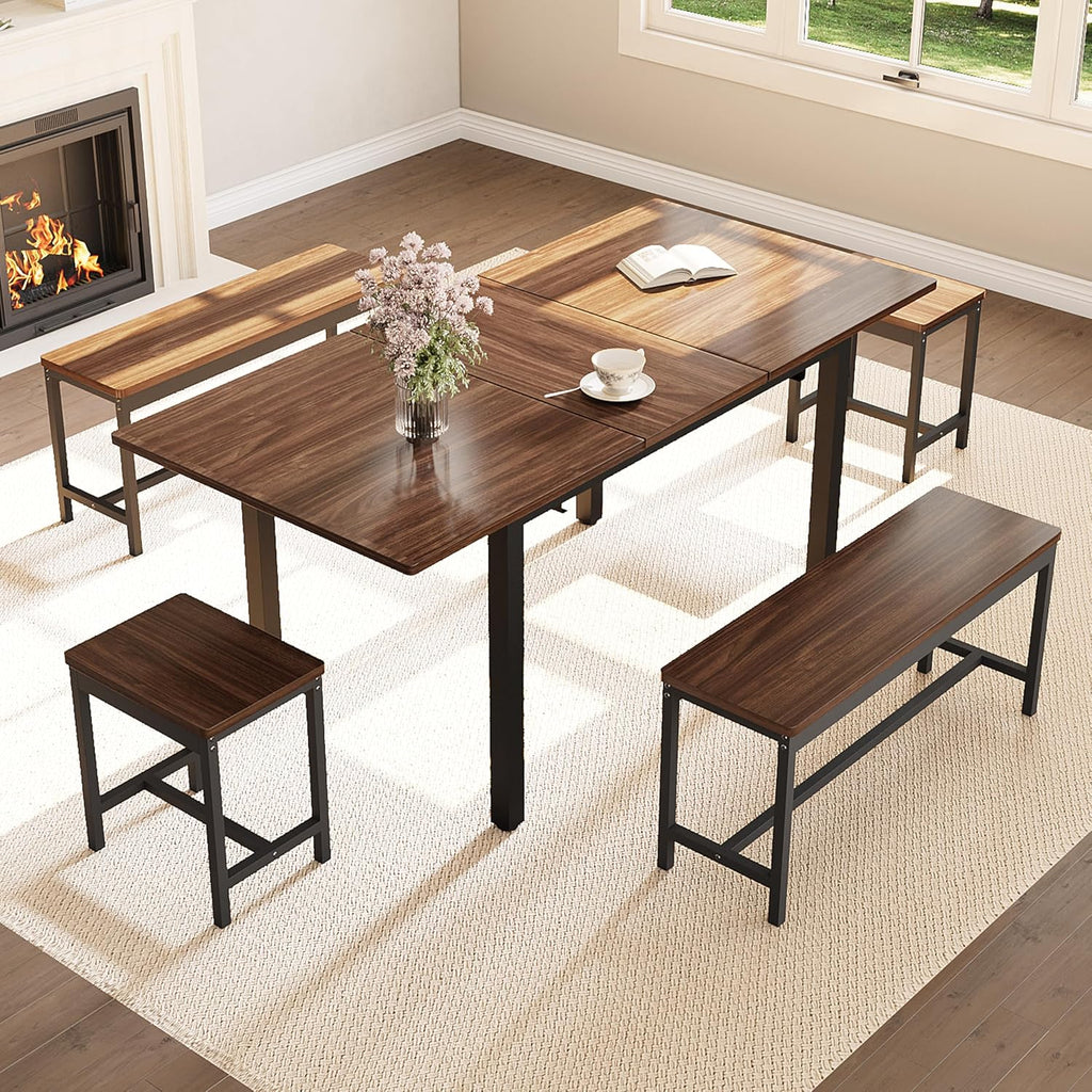 GarveeHome 5-Piece Dining Table Set for 4-8 People, 63 in Large Extendable Kitchen Table Set with 2 Benches and 2 Square Stools, Modern Dining Room Furniture Sets, Easy Assembly, Espresso