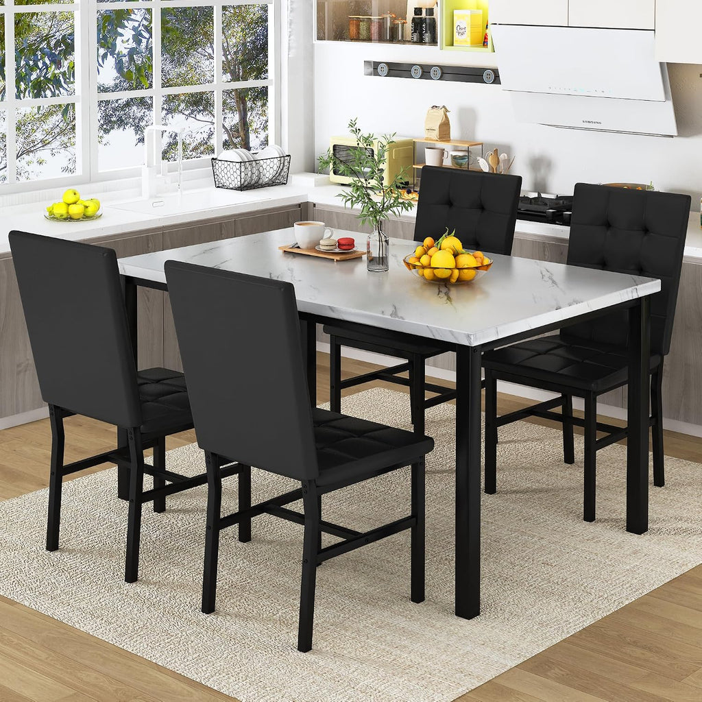 AWQM Dining Table Set for 4,Faux Marble Kitchen Table and Chairs Set of 4, Modern Dining Room Table Set for 4,Dinner Table with 4 Leather Chairs, Dinette Set for Small Spaces (White & Black)