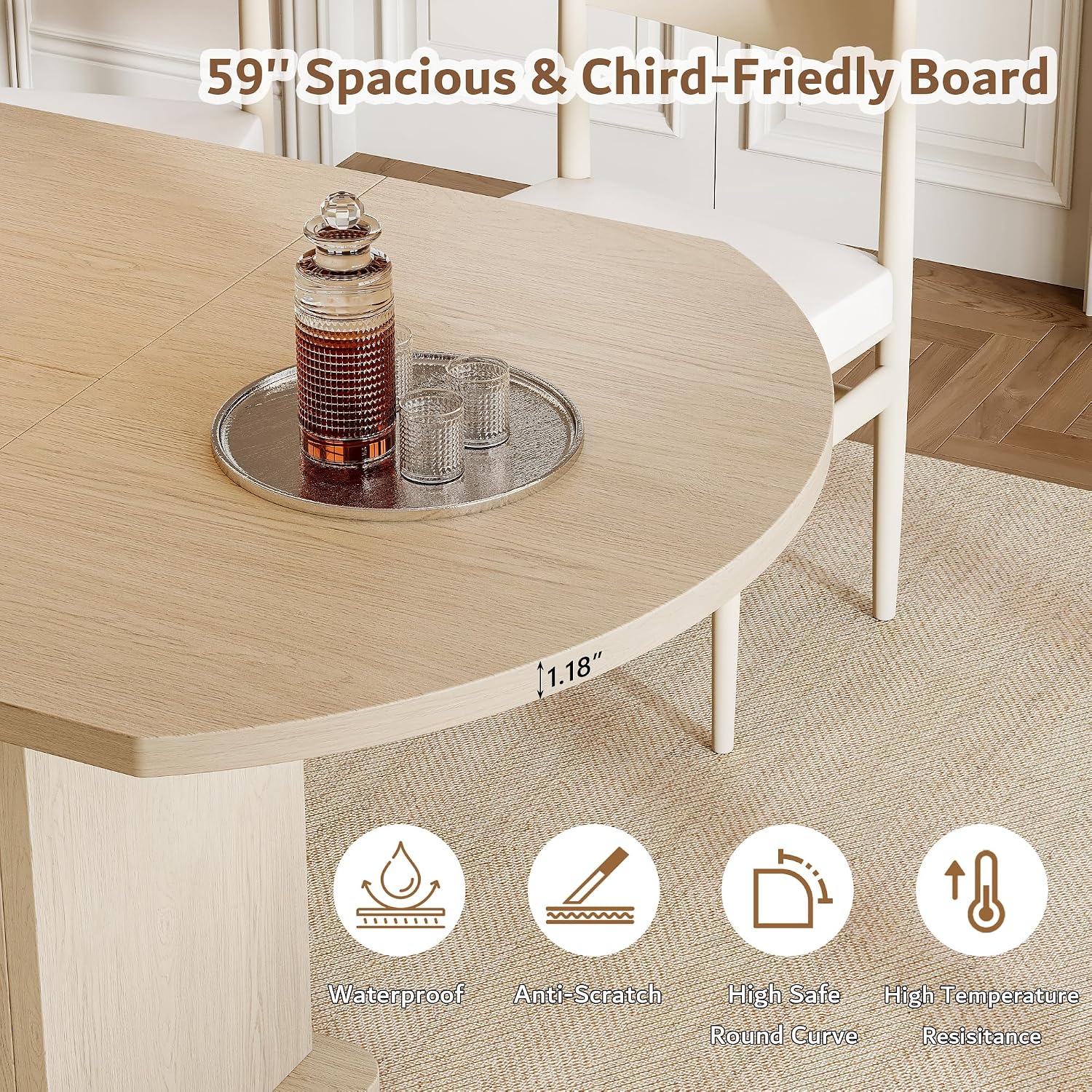 iPormis Round Dining Table for 4-6, 59'' Extendable Dining Room Kitchen Table with 2-Tier Storage Shelf, Wood Dinner Table with Door & Pedestal Base, for Kitchen Living Room, Space Saving, Natural