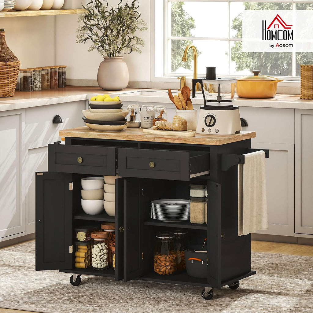 HOMCOM Kitchen Island Cart with Solid Wood Top, 44' Mobile Kitchen Island Table on Wheels with Storage Cabinets, 2 Drawers, Adjustable Shelves, Spice Rack & Towel Bar for Dining Room, Black