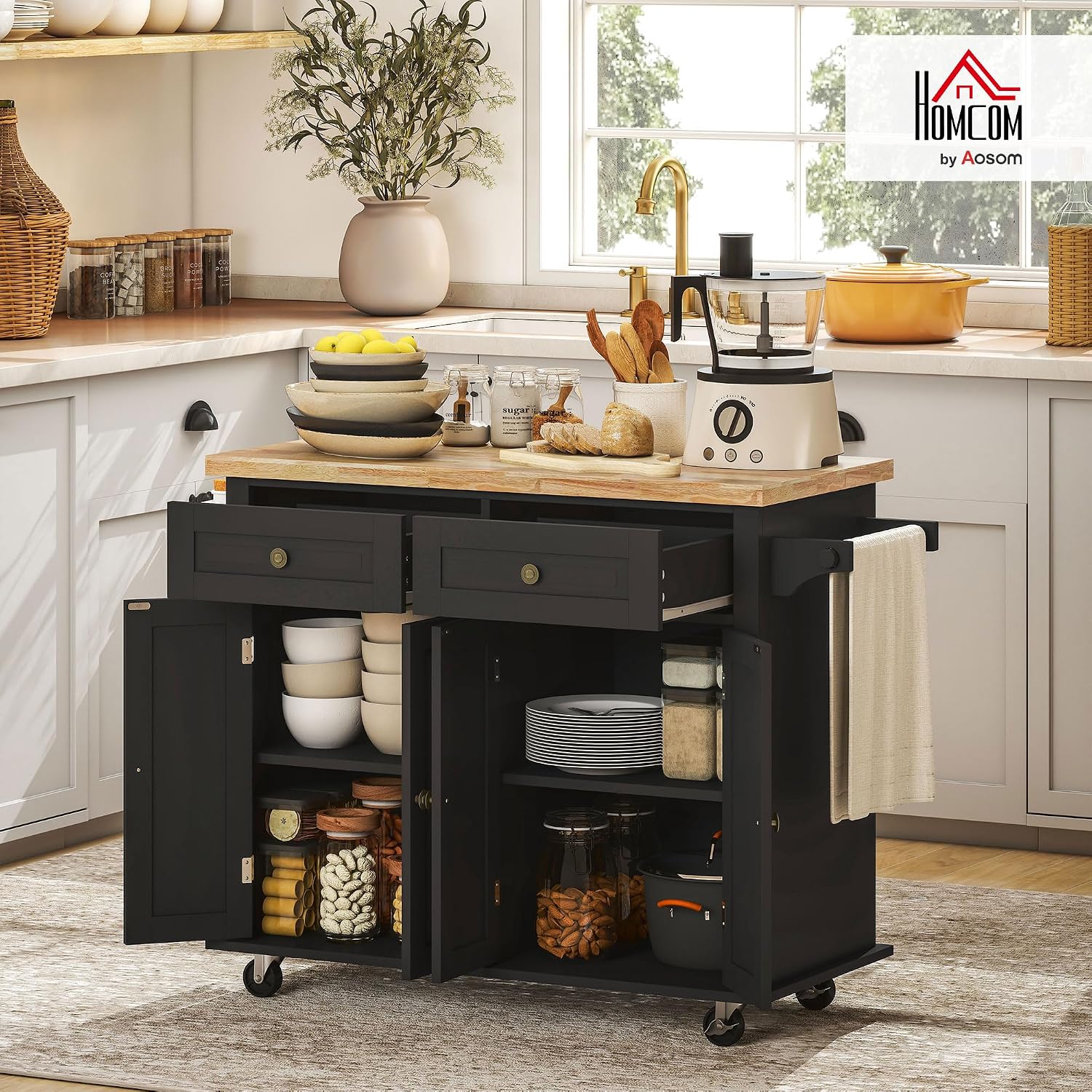 HOMCOM Kitchen Island Cart with Solid Wood Top, 44' Mobile Kitchen Island Table on Wheels with Storage Cabinets, 2 Drawers, Adjustable Shelves, Spice Rack & Towel Bar for Dining Room, Black