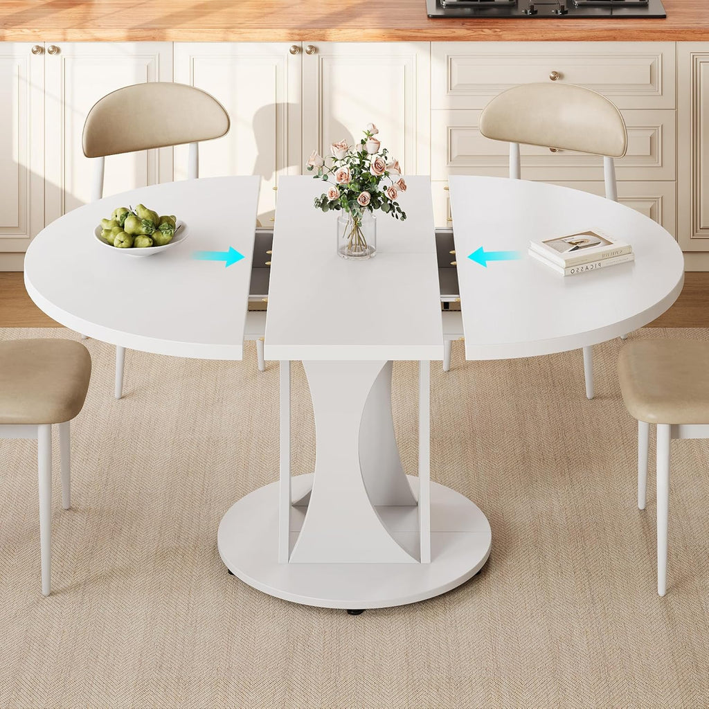 Einhomn 59' Extendable Round Dining Table for 6-8, Kitchen Table with Sturdy Double Arc Base & Backboard Clasp Desktop, Mid-Century Modern Dinner Table, Kitchen Dining Room, Space Saving, White