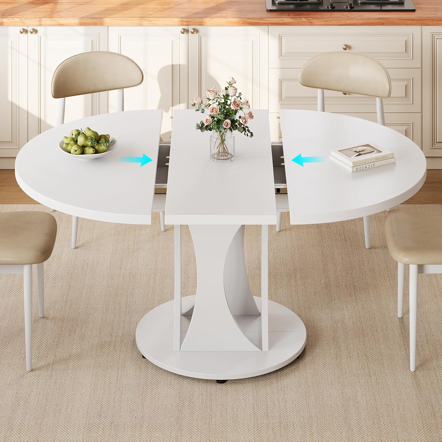 Einhomn 59' Extendable Round Dining Table for 6-8, Kitchen Table with Sturdy Double Arc Base & Backboard Clasp Desktop, Mid-Century Modern Dinner Table, Kitchen Dining Room, Space Saving, White