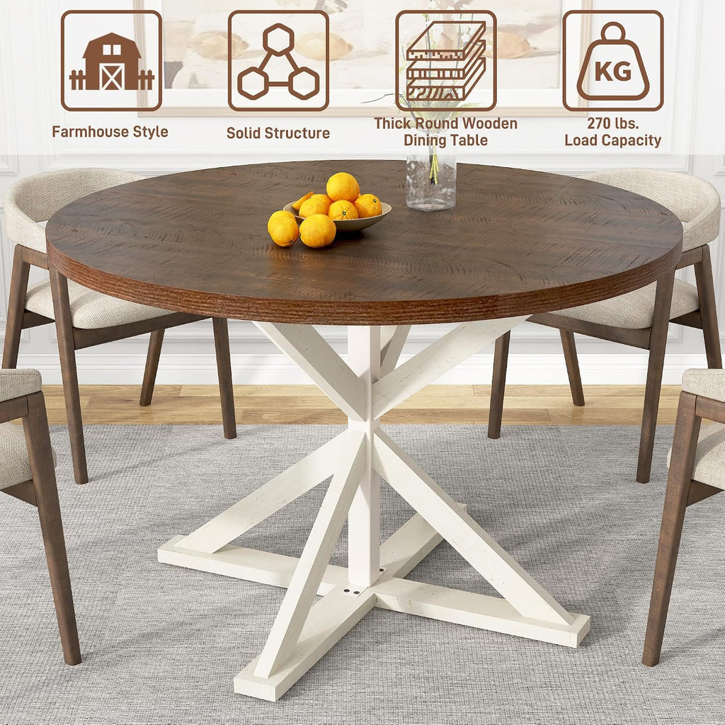 jiteentarou Round Wood Dining Table for Kitchen,Dining Room,Living Room,Farmhouse Dinner Tables W/Thickened Brown Waterproof Tabletop for 4 People,47 inch Rustic Kitchen Table W/Metal Support
