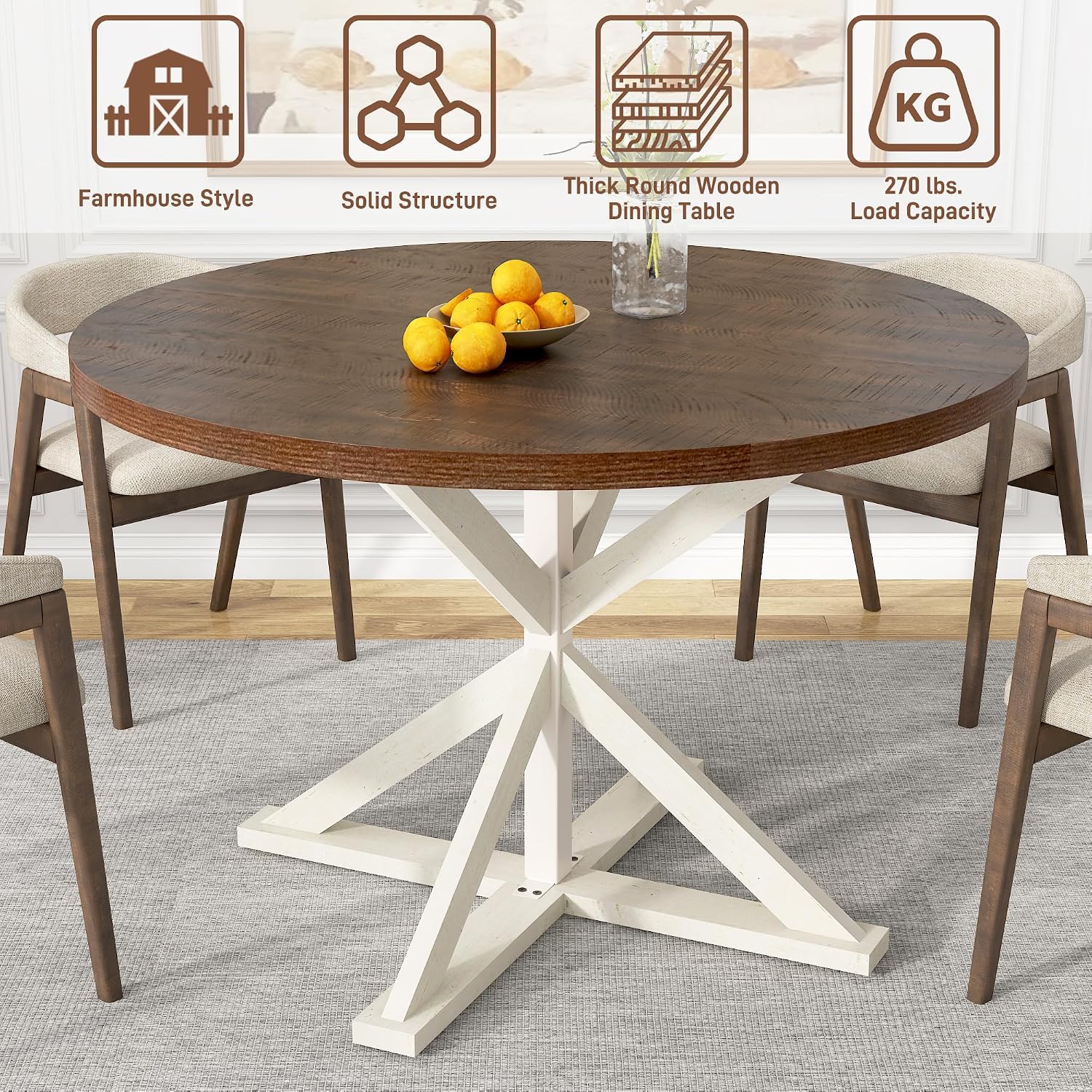 jiteentarou Round Wood Dining Table for Kitchen,Dining Room,Living Room,Farmhouse Dinner Tables W/Thickened Brown Waterproof Tabletop for 4 People,47 inch Rustic Kitchen Table W/Metal Support