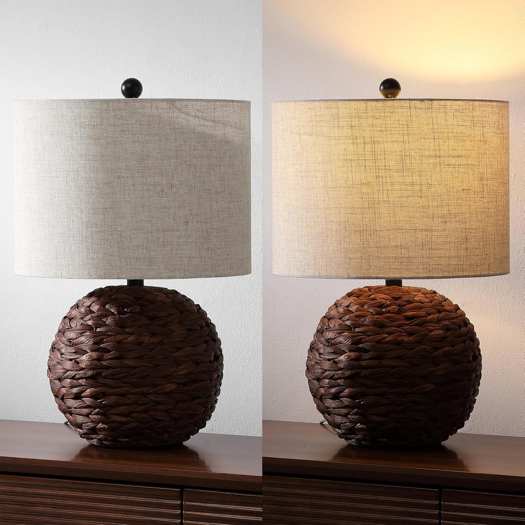 JONATHAN Y 21.5' Dark Brown Modern Coastal Woven Rattan Globe LED Table Lamp for Bedroom, Oatmeal Linen Drum Shade, LED Bulb Included, Rustic Bedside Lamp for Living Room (JYL6514B)