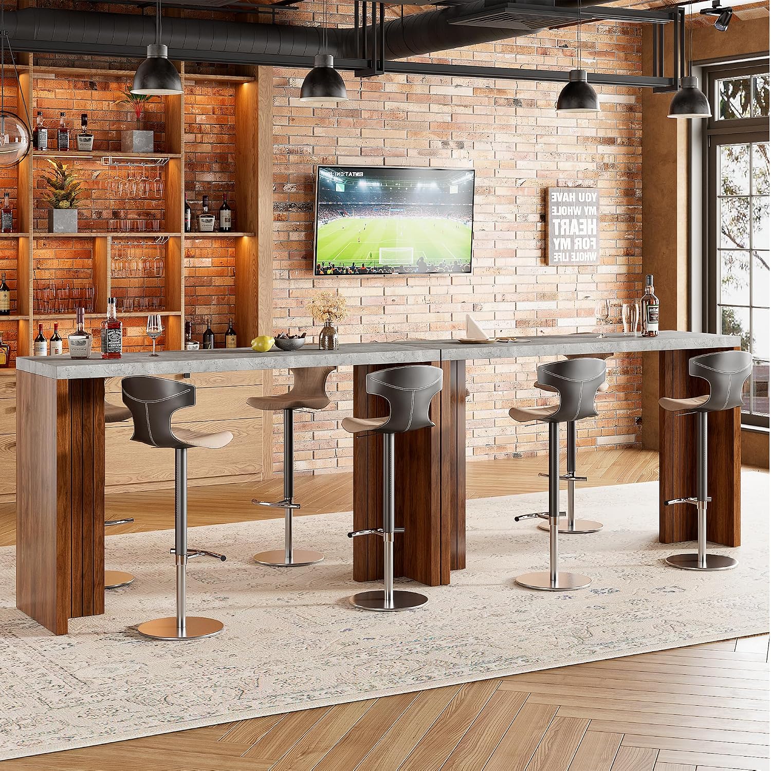 Bar Table for 4-6 People - 55' Long Counter Height Pub with Extra Thickened Tabletop, Modern Rectangular Home Bar Coffee Unit for Kitchen, Dining Room, Balcony, Living Room, Basement, Gray+Walnut