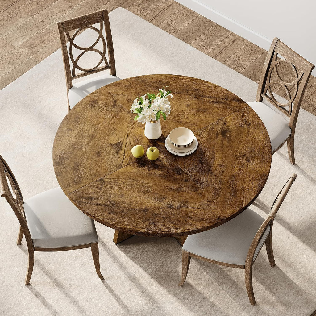 IDEALHOUSE 47' Round Dining Table Set for 4 to 6, Farmhouse Kitchen Table with Wooden Top and Pedestal Base, Circle Dinner Table for Dining Room, Kitchen Room - Rustic (No Chairs)