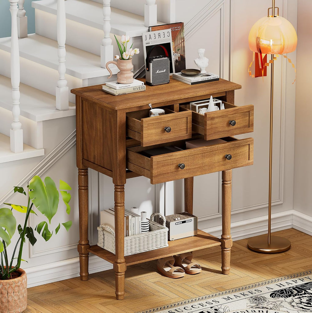 LKTART Small Solid Wood Sofa Table,Console Table with Drawers and Bottom Shelf, Entryway Hallway Foyer Entry Table for Living Room(23.7' Natural)