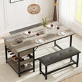 GarveeHome Dining Table Set for 4, Kitchen Dining Table Set with Upholstered Benches, Kitchen Dining Room Table with Storage Drawers & Wine Rack for Small Space, Light Grey