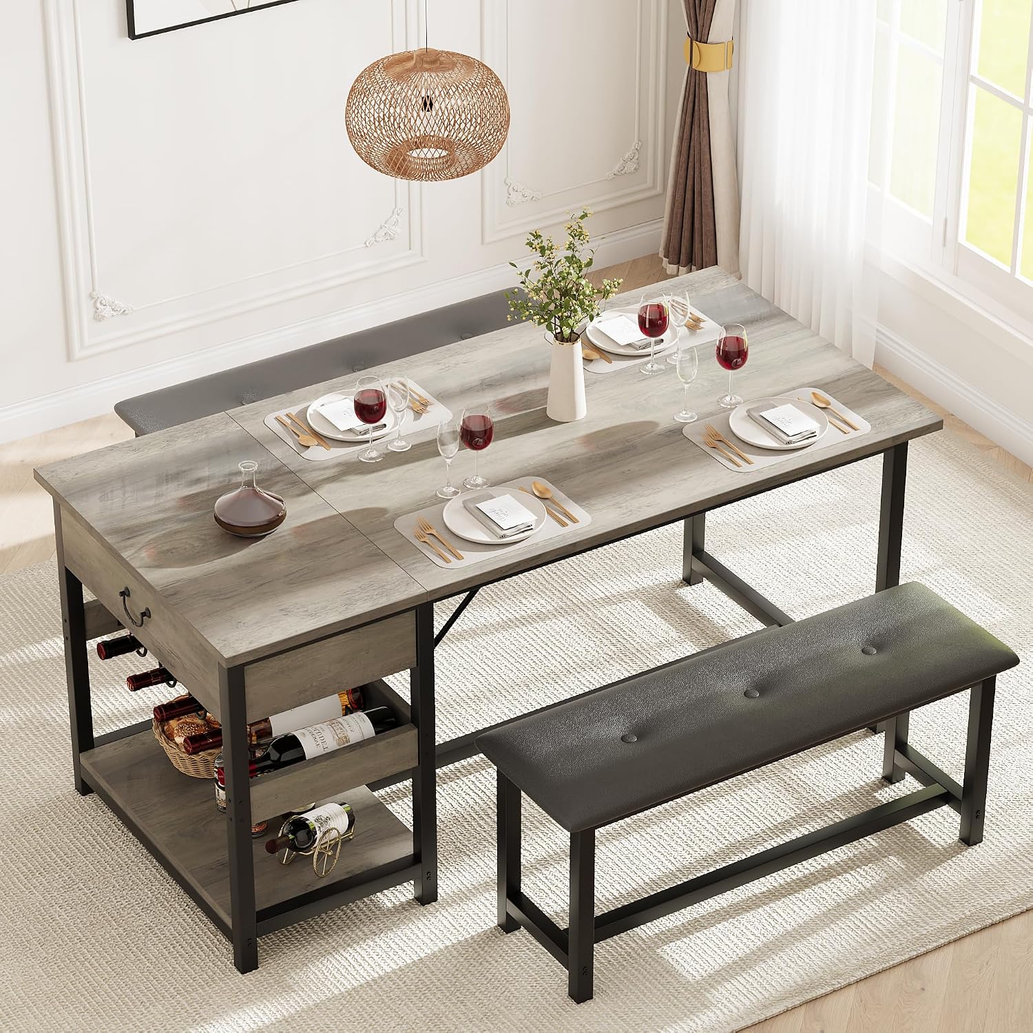 GarveeHome Dining Table Set for 4, Kitchen Dining Table Set with Upholstered Benches, Kitchen Dining Room Table with Storage Drawers & Wine Rack for Small Space, Light Grey