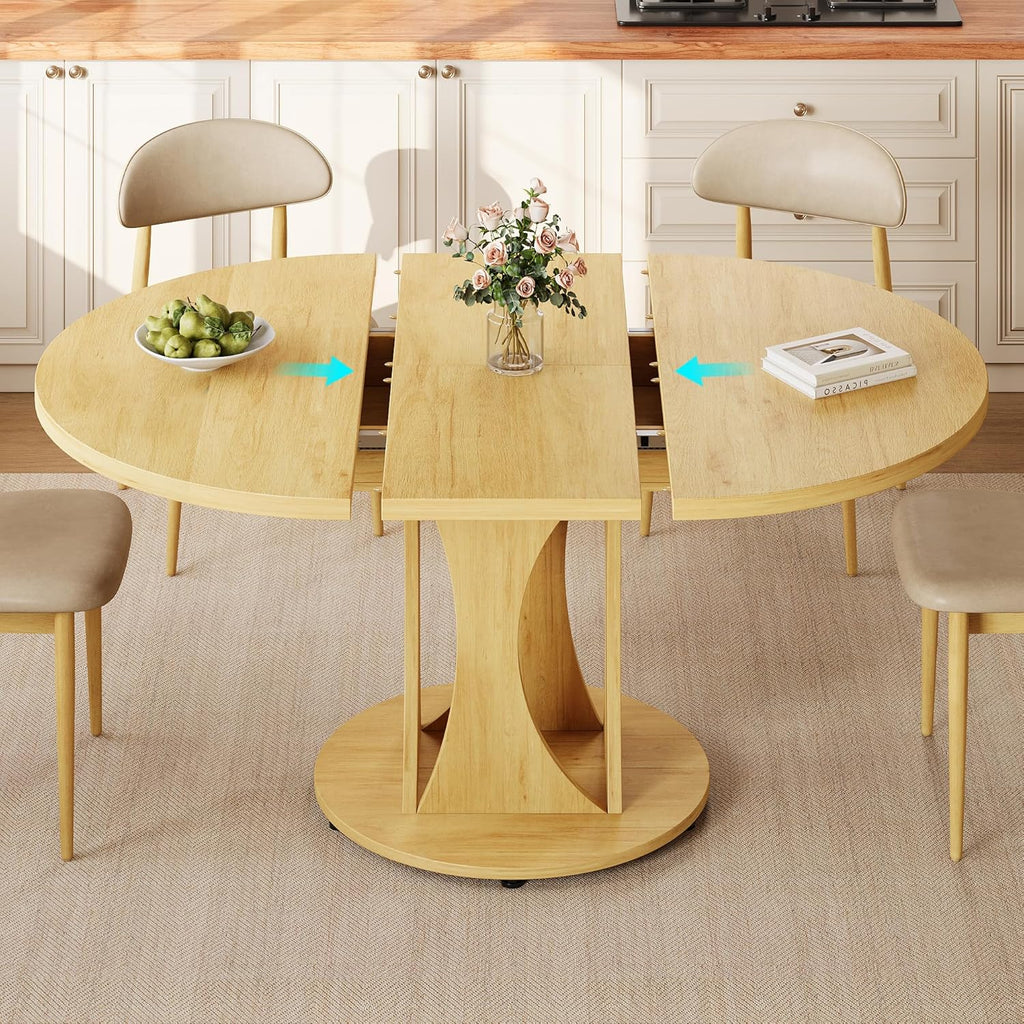 Einhomn 59' Extendable Round Dining Table for 6-8, Kitchen Table with Sturdy Double Arc Base & Backboard Clasp Desktop, Mid-Century Modern Dinner Table, Kitchen Dining Room, Space Saving, Natrual