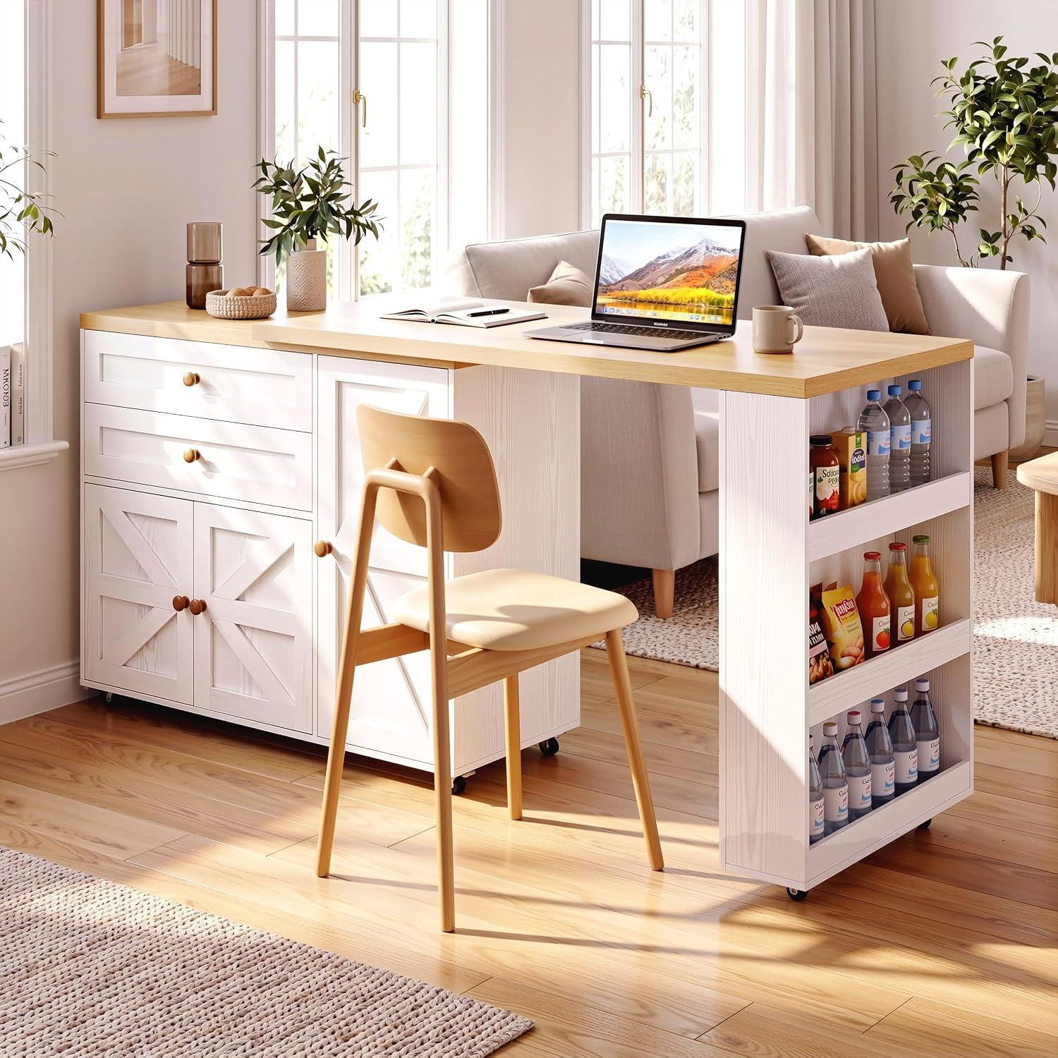 IRONCK Kitchen Island with 360° Swivel Table, 71 inch Rolling Kitchen Island Cart with Storage, Home Bar Table with Spice Rack and Drawers, Mobile Wood Kitchen Island on Wheels, White