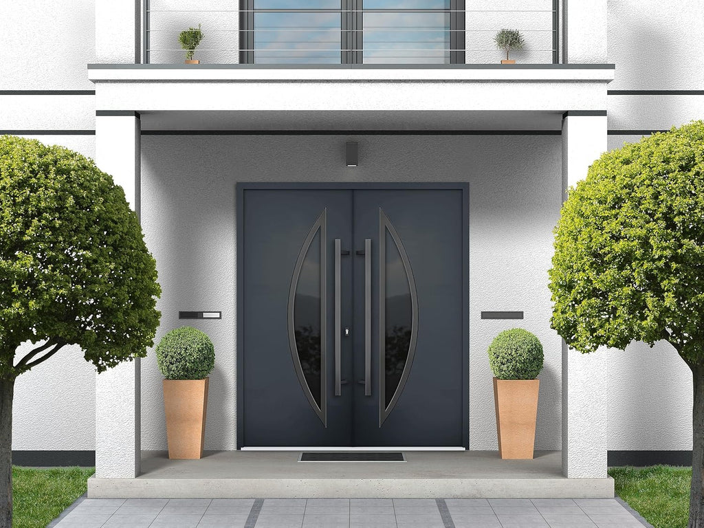 VDOMDOORS Front Exterior Prehung Metal Double Doors/Deux 6501 Anthracite Enamel Tinted Anthracite Glass/Entry Modern Painted Left Inswing Active Door 72' x 80'