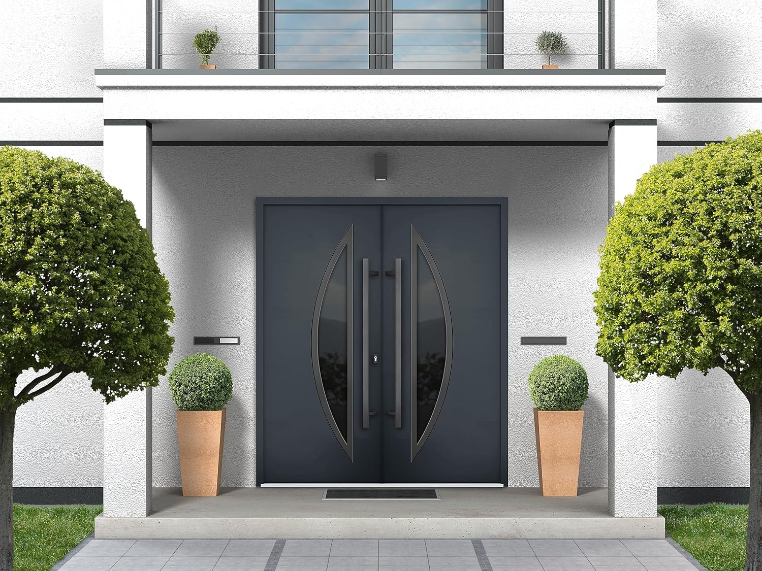 VDOMDOORS Front Exterior Prehung Metal Double Doors/Deux 6501 Anthracite Enamel Tinted Anthracite Glass/Entry Modern Painted Left Inswing Active Door 72' x 80'