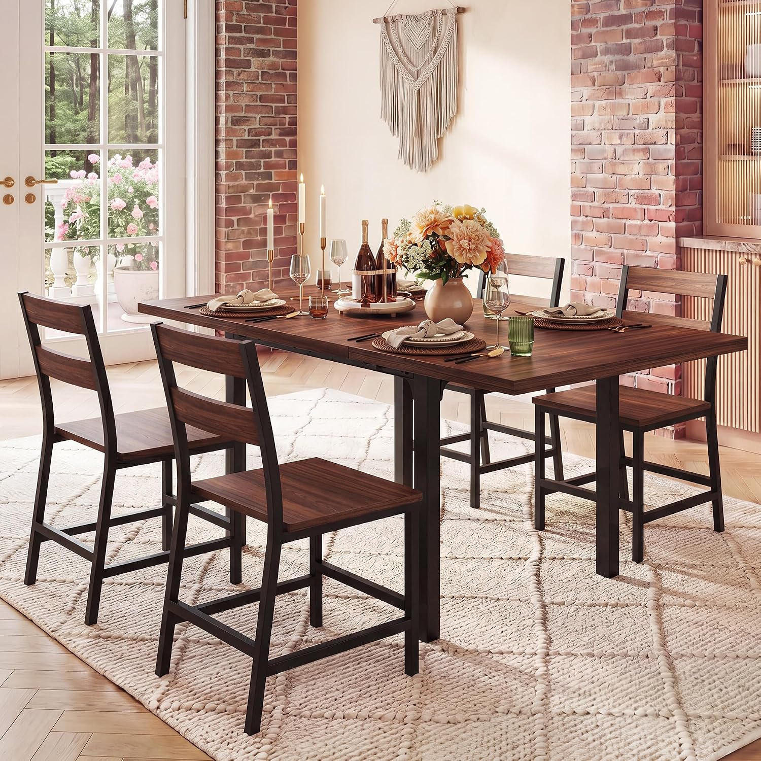 HUAHUU Extendable Dining Table Set for 4, Wood Kitchen Table with 4 Curved Backrest Chairs, Dining Room Table with MDF Board & Metal Frame, Saving Space for Small Apartment, Easy Assembly, Walnut