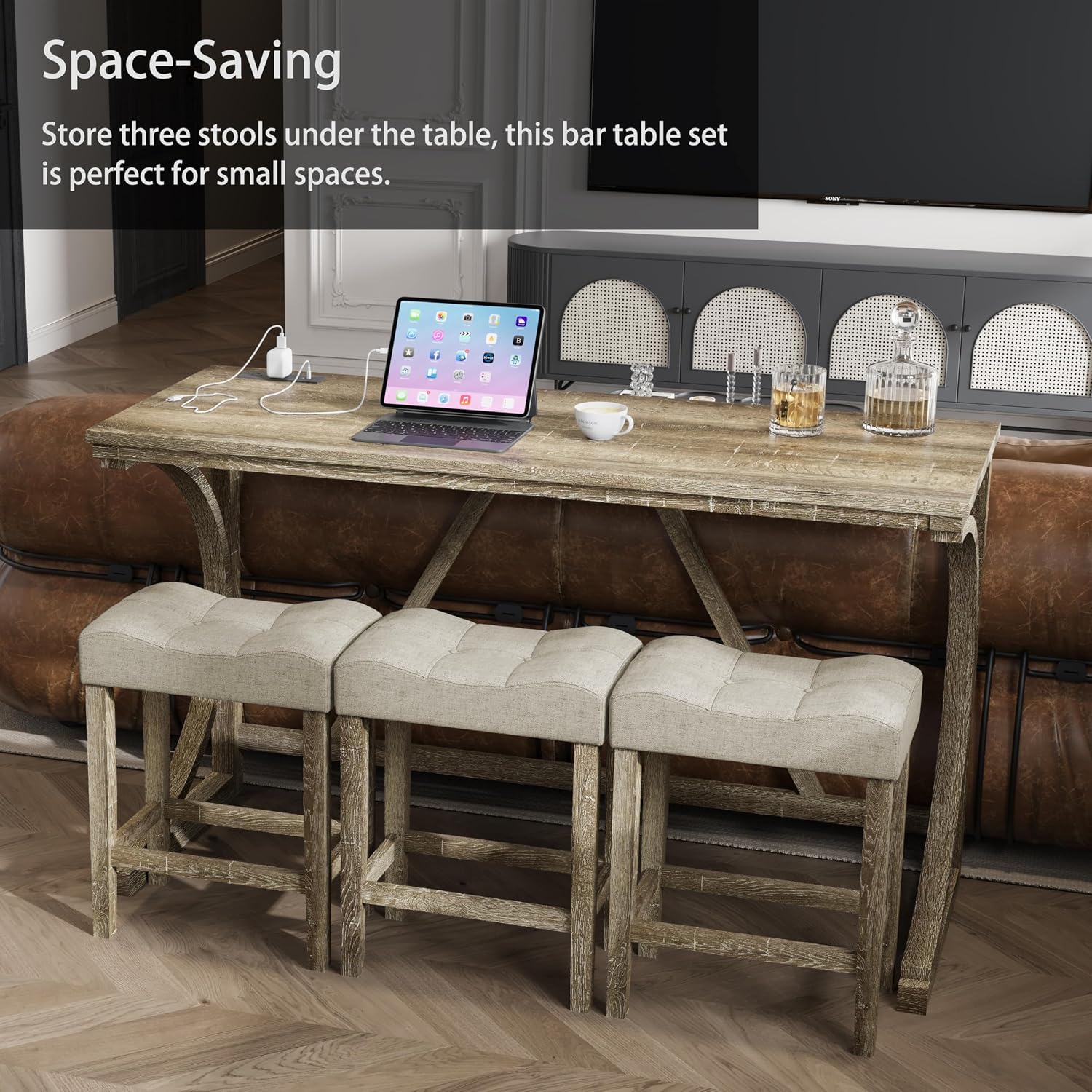 allamazing 4-Piece Counter High Bar Table Set with Socket and 3 Fabric Padded Bar Stools, Tall Kitchen Breakfast Nook with Stool (1+3 Natural)