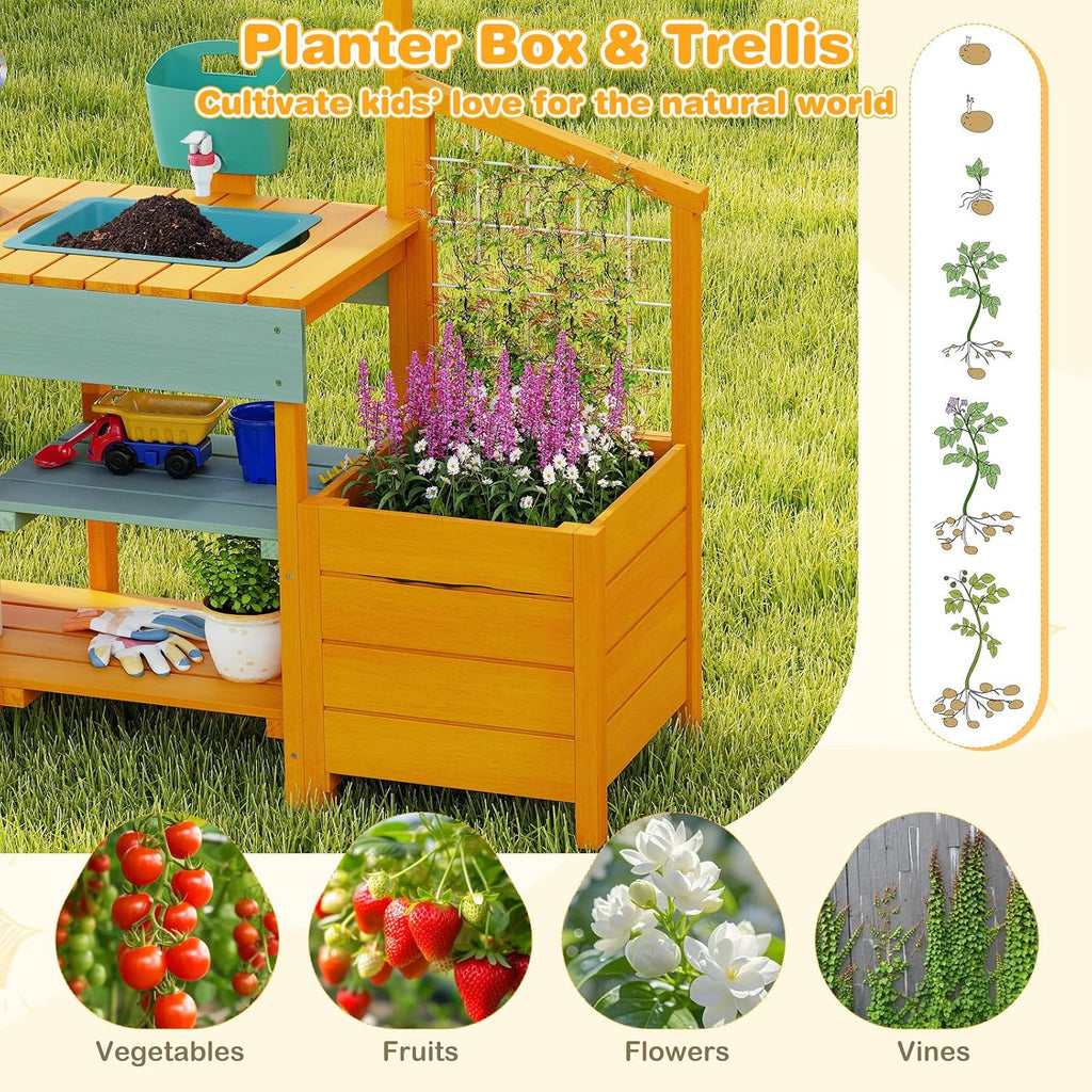 HONEY JOY Mud Kitchen, Cedar Wood Pretend Play Kitchen for Toddlers, Plant Growing Box & Trellis, Real Faucet w/Running Water, Sink, Accessories, Outdoor Kids Kitchen Playset for Garden Fun(Yellow)