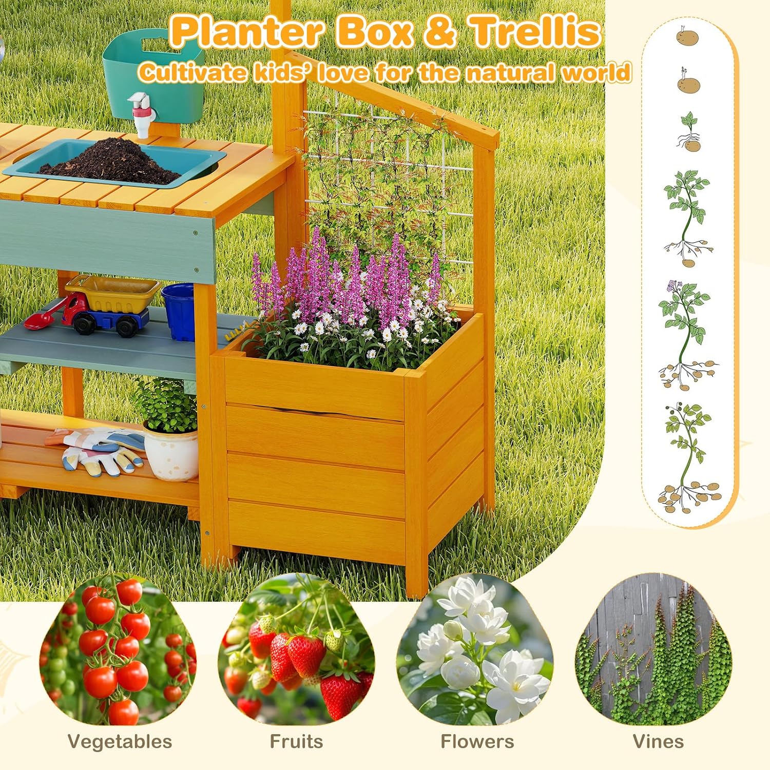 HONEY JOY Mud Kitchen, Cedar Wood Pretend Play Kitchen for Toddlers, Plant Growing Box & Trellis, Real Faucet w/Running Water, Sink, Accessories, Outdoor Kids Kitchen Playset for Garden Fun(Yellow)