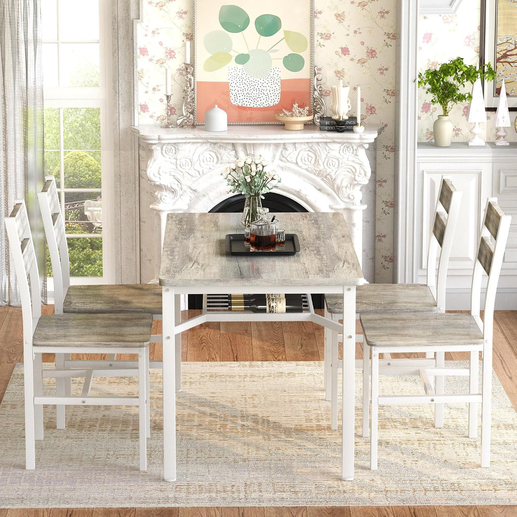 Hooseng Dining Table Set for 4, Wood Kitchen Table Chairs Set with Storage, Farmhouse 5 Piece Dining Room Table Set, Space-Saving Dinette Set for Breakfast Nook, Apartment