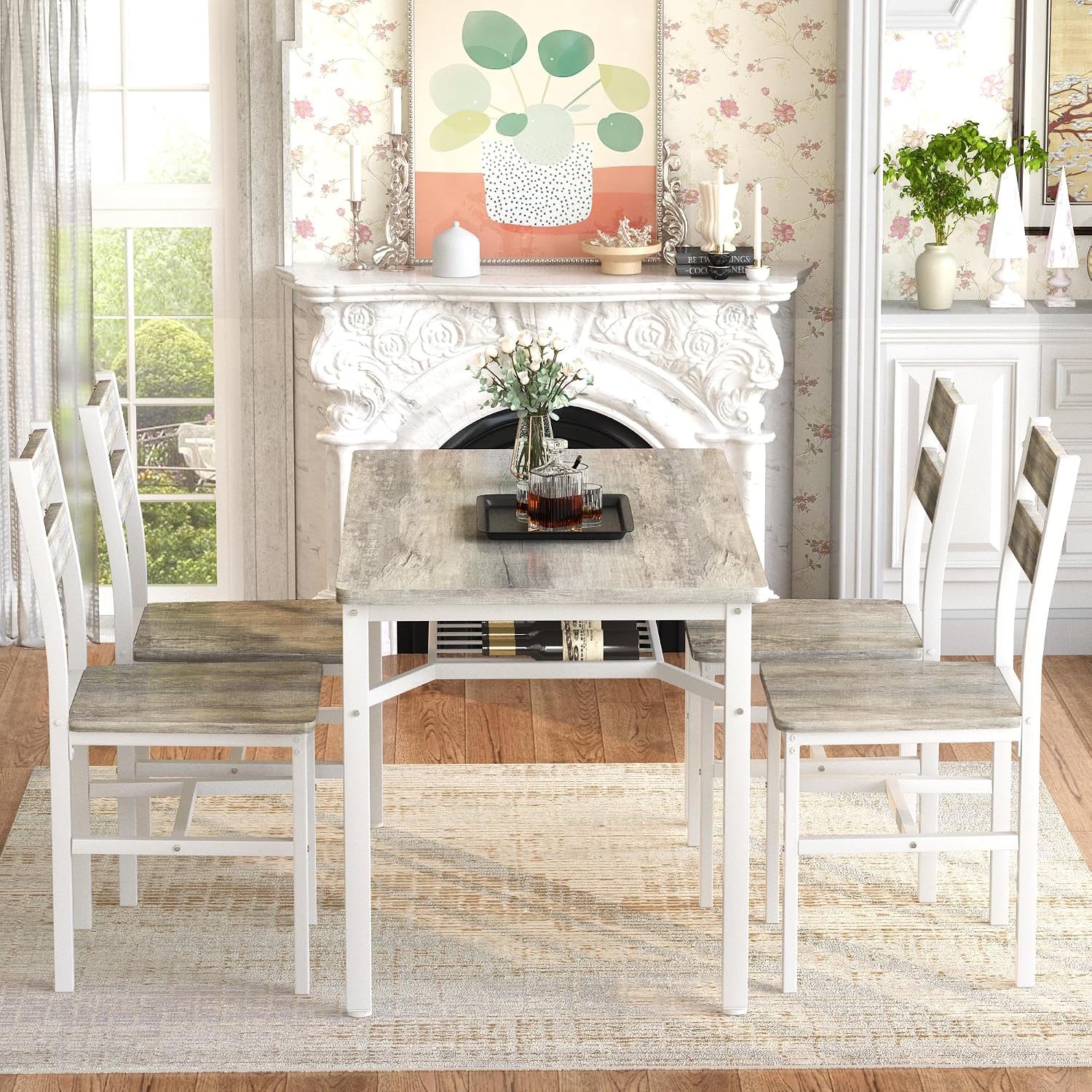 Hooseng Dining Table Set for 4, Wood Kitchen Table Chairs Set with Storage, Farmhouse 5 Piece Dining Room Table Set, Space-Saving Dinette Set for Breakfast Nook, Apartment