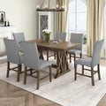 Merax Mid-Century 7-Piece Dining Table Set, Extendable Kitchen Table Set with Upholstered Chairs Set for 6, Golden Brown+Gray