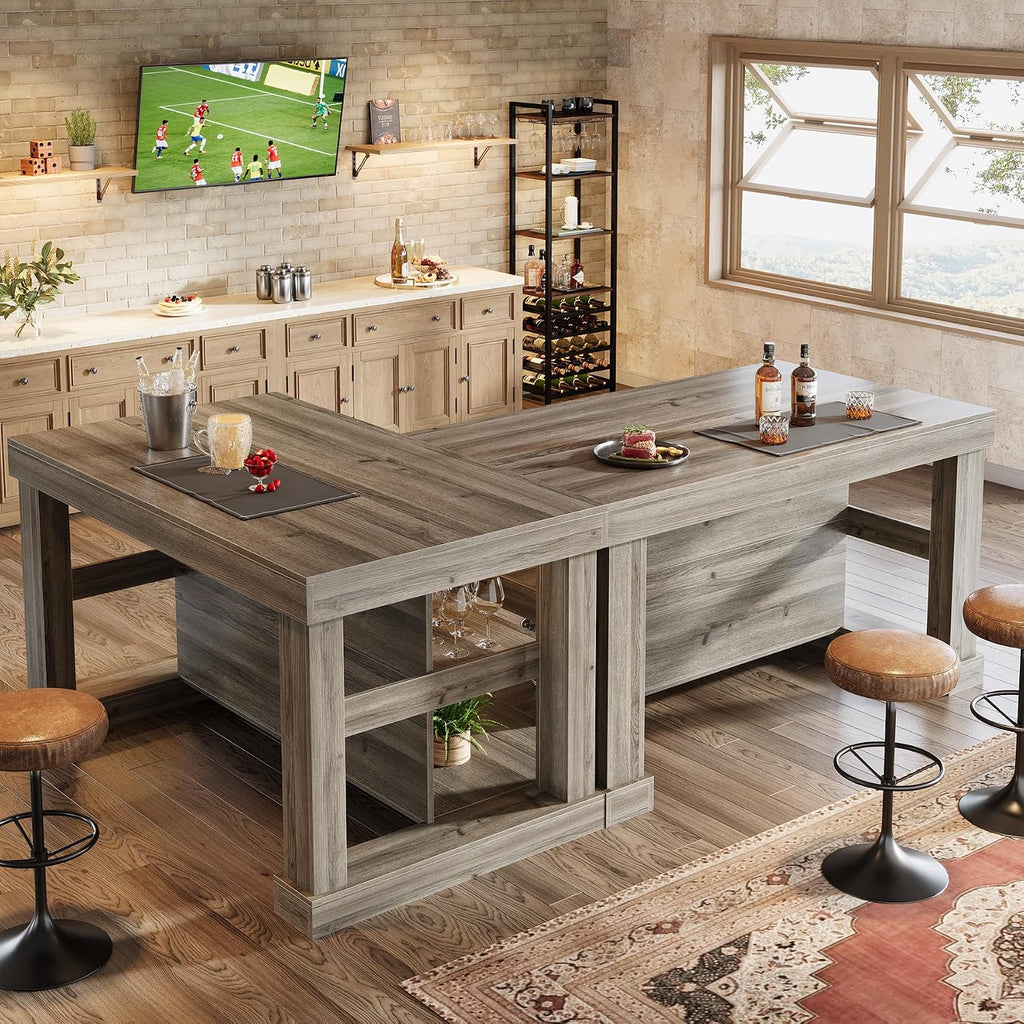 Tribesigns Bar Table, 55-Inch Counter Height Pub Table with Storage Shelves, High Top Kitchen Dining Table, Rectangle Wood Home Bar Unit for Dining Room, Bistro, Grey