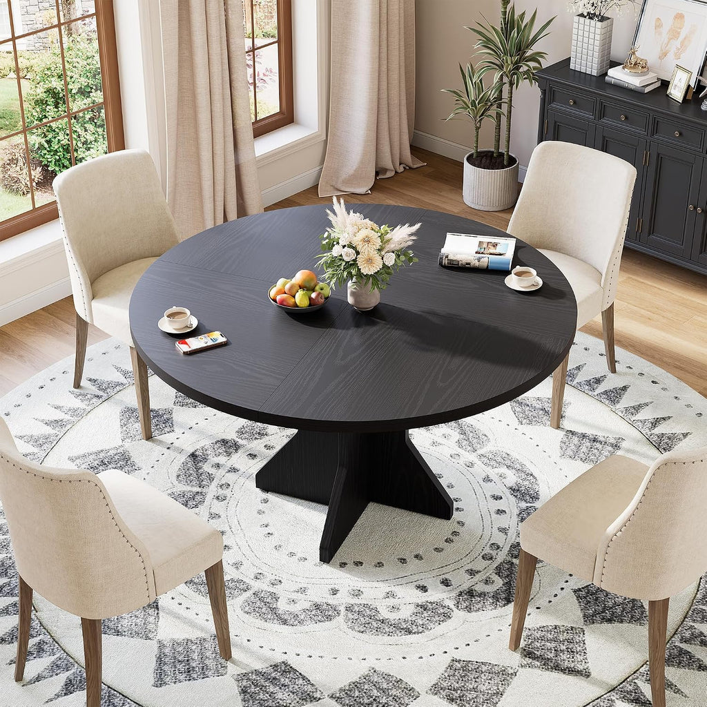 IDEALHOUSE Round Dining Table, 47' Kitchen Table for 4-6 People, Circle Tables with Sturdy Pedestal Base, Space Saving Dinning Room Furniture for Living Room, Kitchen, Apartment, Black