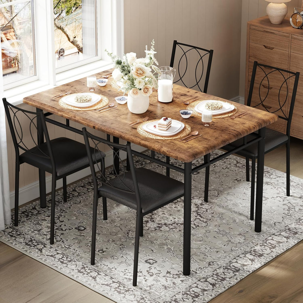 Garvee Dining Table Set for 4, Small Kitchen Table with Upholstered Chairs, Farmhouse Wood Dining Table Chairs for Kitchen Room, Small Spaces, Apartment, Brown