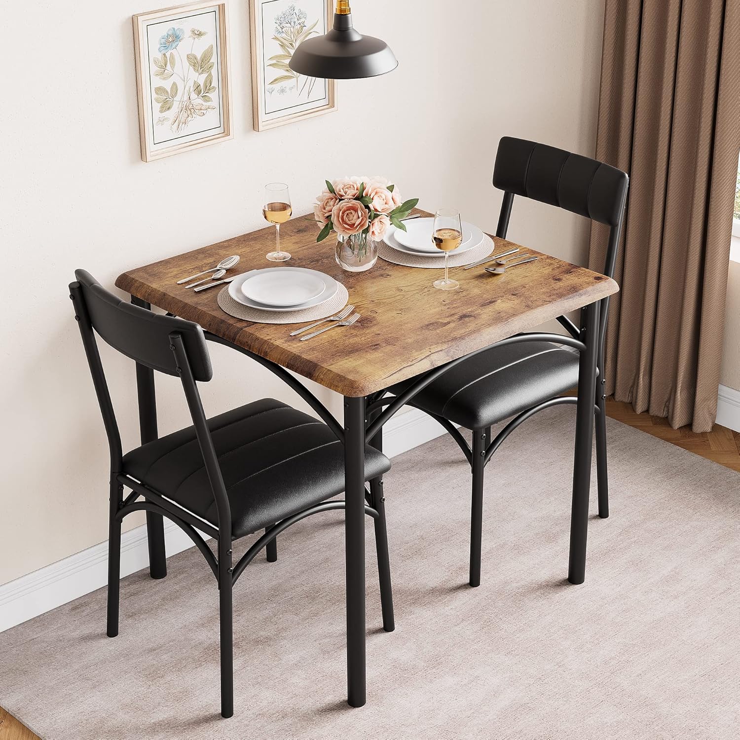 3-Piece Dining Table Set for 2, Kitchen Table Set with 2 Upholstered Chairs, Square Dining Table Set for Apartment, Studio, Small Space, Brown