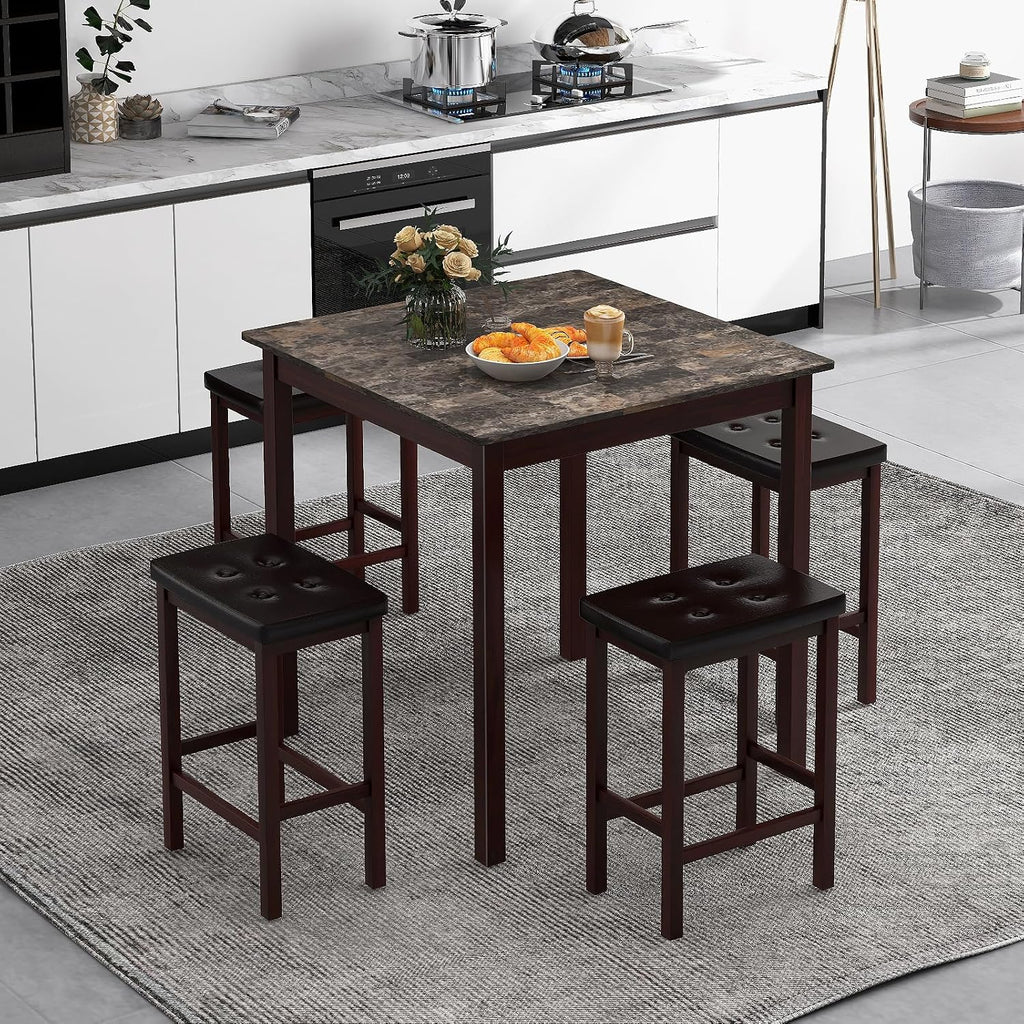 Giantex Dining Table Set for 4, Kitchen Table Chairs Set of 4, Counter Height Dining Table Set with 4 Bar Stools, Space-Saving Dinette Table Set for Small Place, Breakfast Nook Table Set (Brown)