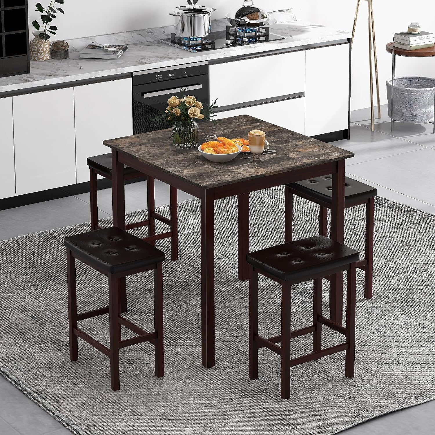 Giantex Dining Table Set for 4, Kitchen Table Chairs Set of 4, Counter Height Dining Table Set with 4 Bar Stools, Space-Saving Dinette Table Set for Small Place, Breakfast Nook Table Set (Brown)