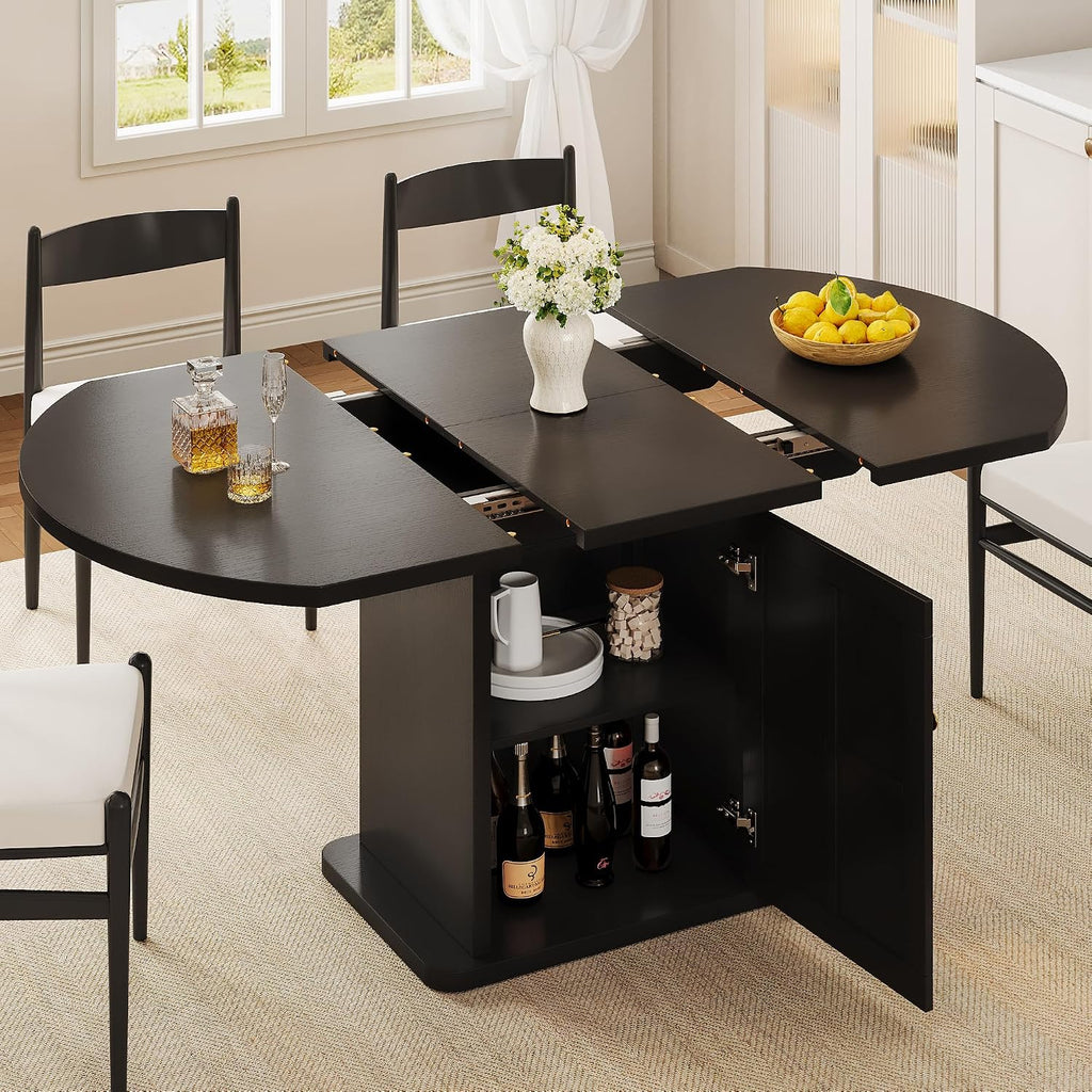iPormis Round Dining Table for 4-6, 59'' Extendable Dining Room Kitchen Table with 2-Tier Storage Shelf, Wood Dinner Table with Door, Sturdy Pedestal Base, Space Saving, Kitchen, Dining, Black