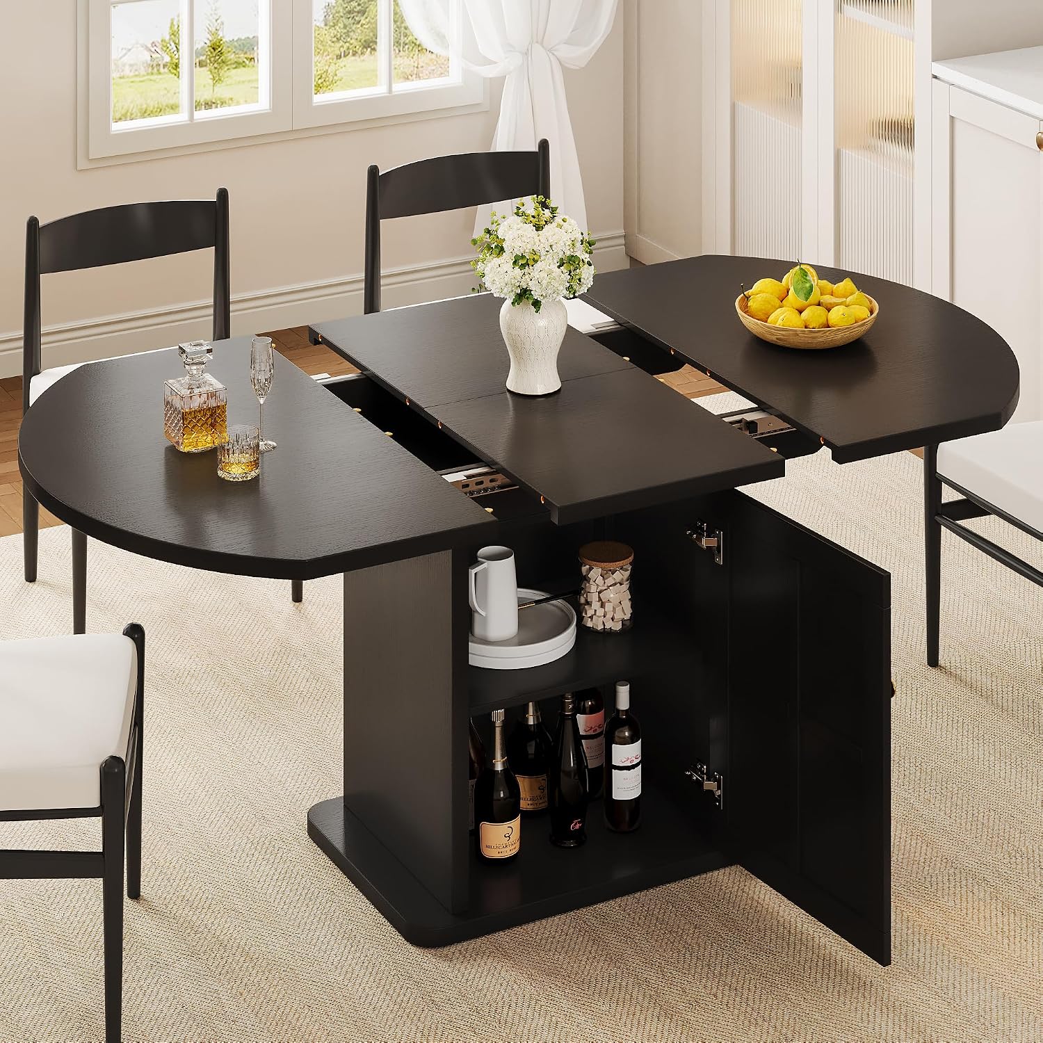 iPormis Round Dining Table for 4-6, 59'' Extendable Dining Room Kitchen Table with 2-Tier Storage Shelf, Wood Dinner Table with Door, Sturdy Pedestal Base, Space Saving, Kitchen, Dining, Black