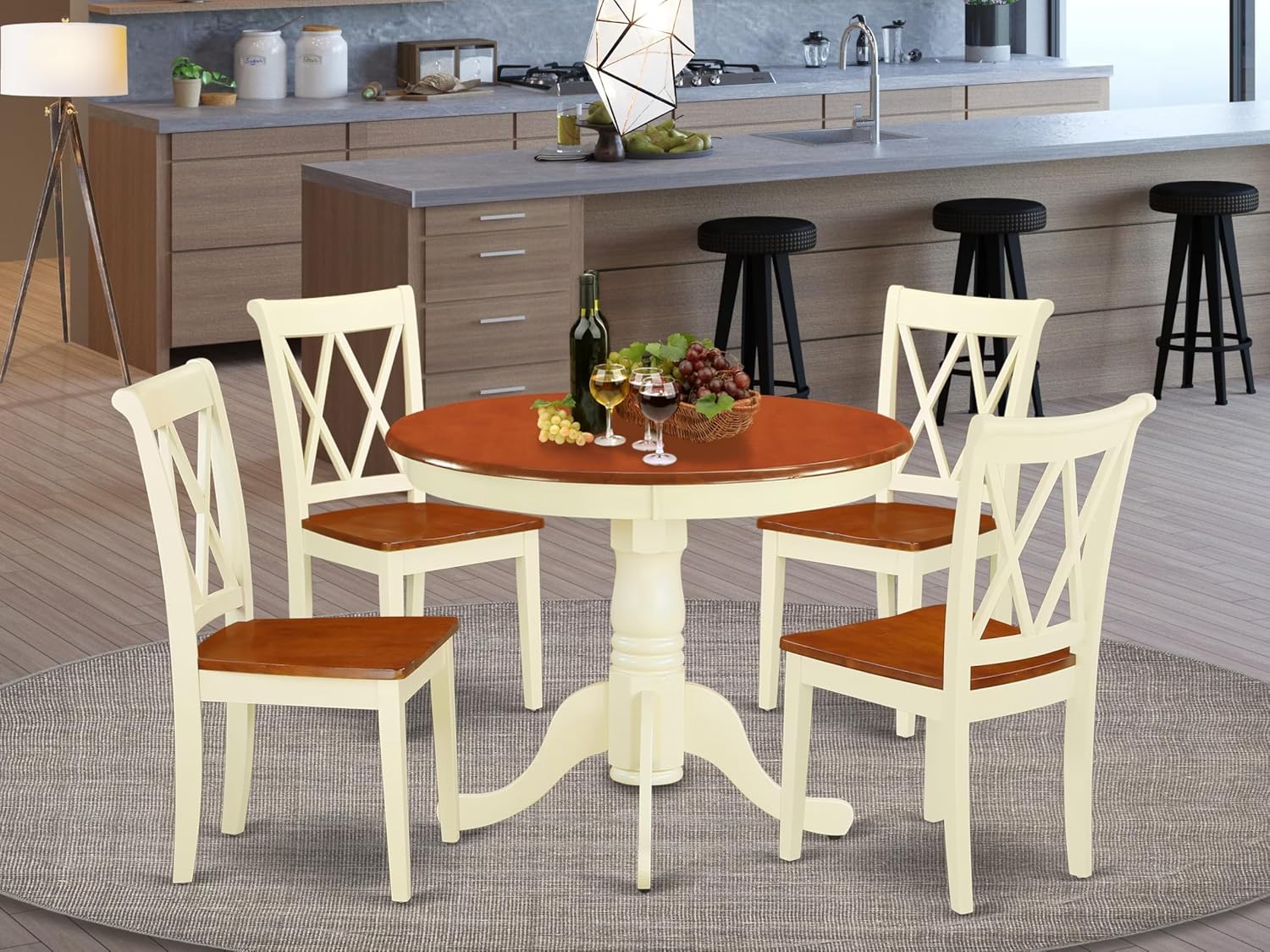 East West Furniture ANCL5-BMK-W 5 Piece Dining Table Set for 4 Includes a Round Kitchen Table with Pedestal and 4 Dining Room Chairs, 36x36 Inch, Buttermilk & Cherry