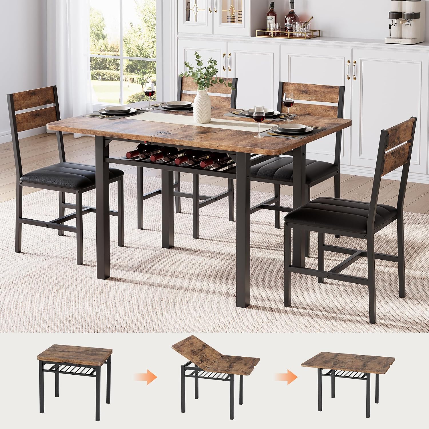 MapleGrace Dining Table Set for 4, Extendable Kitchen Table with 4 PU Leather Upholstered Dining Room Chairs, Wood Kitchen Table Set with Built-in Storage Rack for Dining & Small Spaces, Rustic Brown
