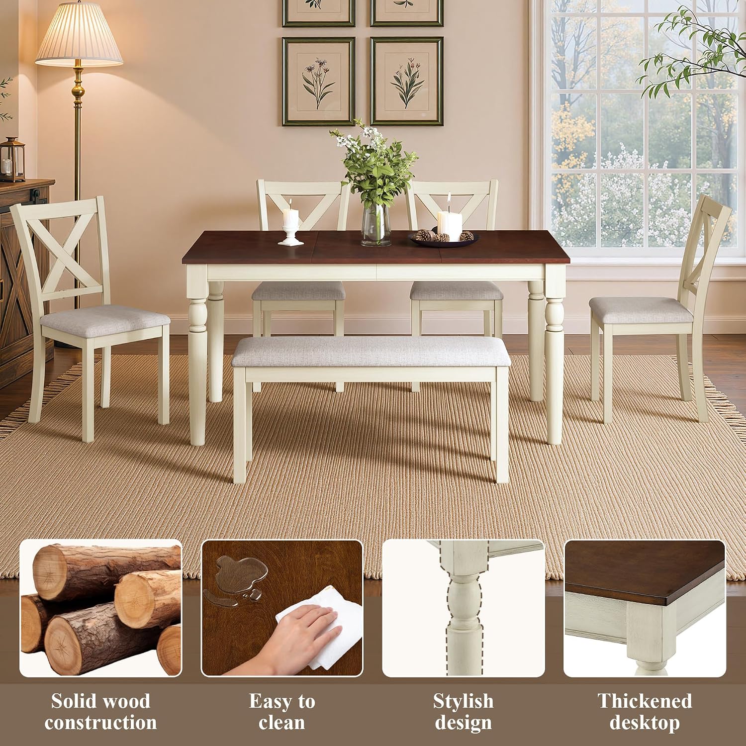 LUXOAK 60' Solid Wood Dining Table Set for 6, Farmhouse Kitchen Table with 4 Upholstered Chairs & Bench, 6-Piece Dining Room & Living Room Furniture, Cream White