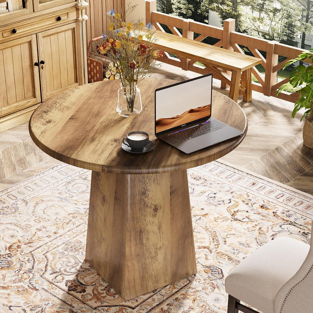 Tribesigns 31.5-Inch Round Dining Room Table for 2-4, Farmhouse Small Kitchen Dinner Table with Square Base for Dining Room Living Room, Rustic Brown