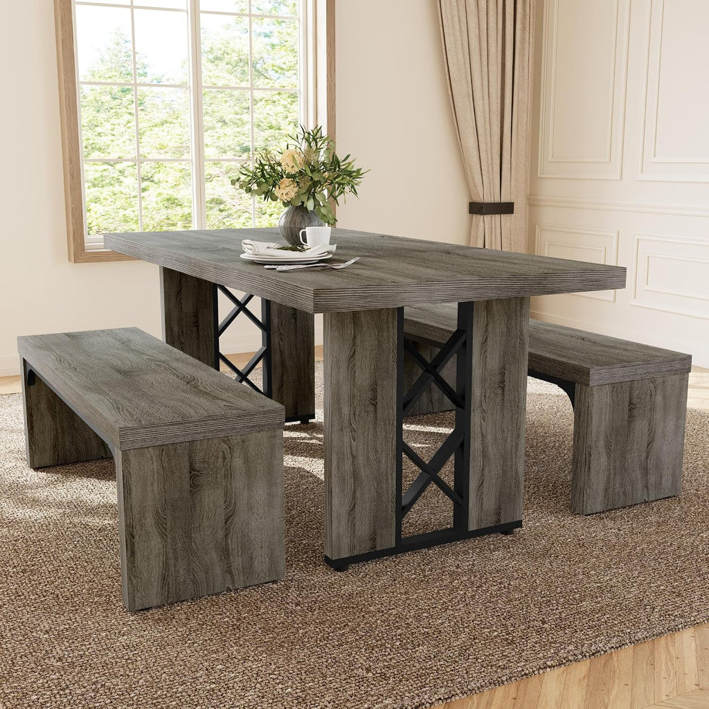 HIPIHOM 3-Piece Dining Table Set for 6 People, 70.8'' Rectangle Kitchen Table with 2 Benches for Breakfast Nook, Dining Room Furniture(Grey Table+2 Benches)