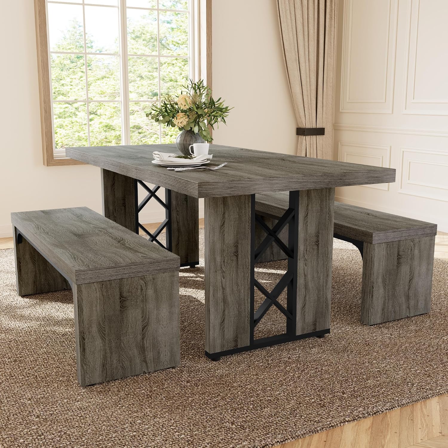 HIPIHOM 3-Piece Dining Table Set for 6 People, 70.8'' Rectangle Kitchen Table with 2 Benches for Breakfast Nook, Dining Room Furniture(Grey Table+2 Benches)