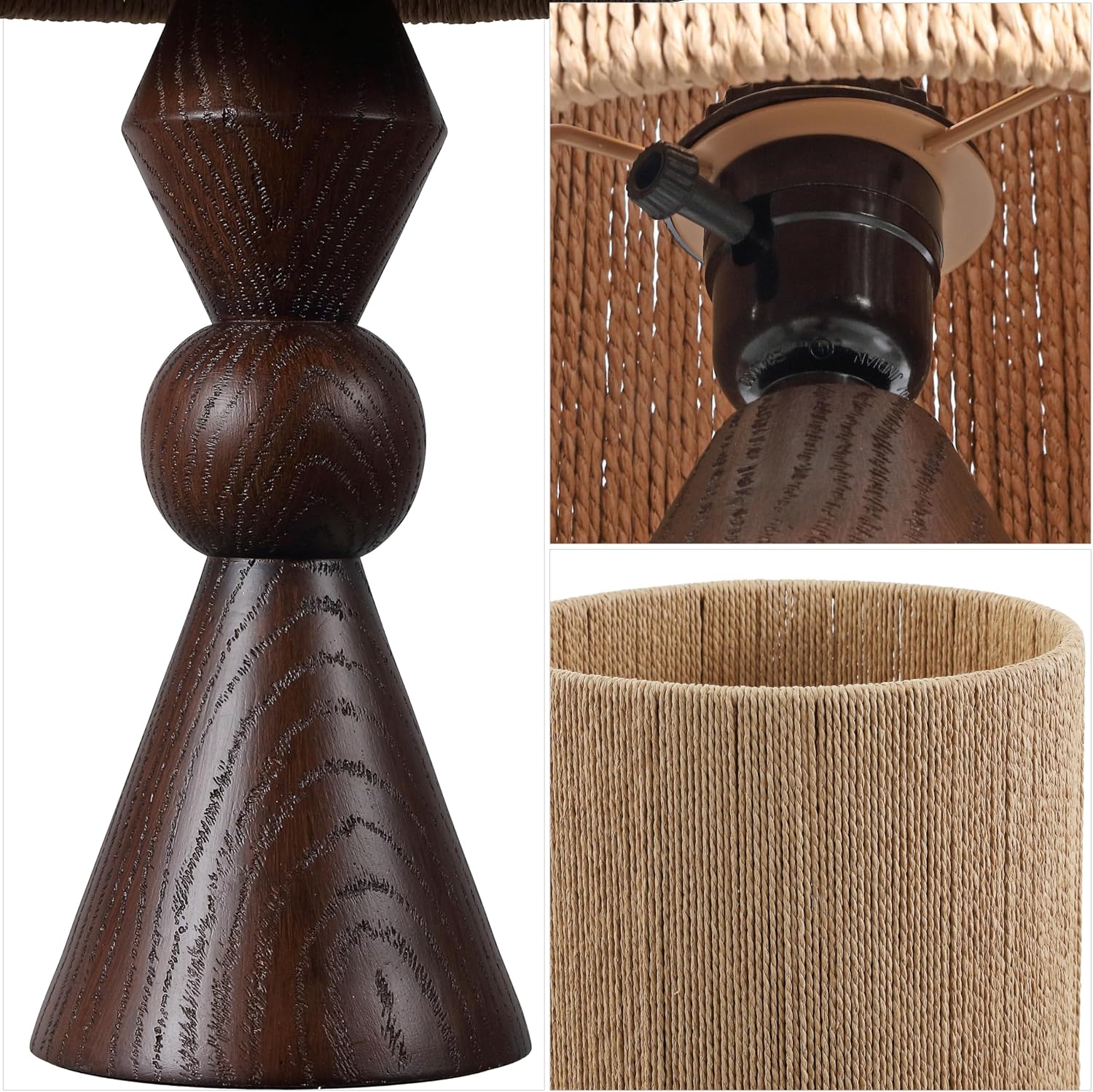 JONATHAN Y 23.5' Dark Brown Wood Finish Rustic Table Lamp for Living Room Bedroom with Brown Paper Rope Shade, Modern Farmhouse Resin Nightstand Lamp, LED Bulb Included (JYL9202B)