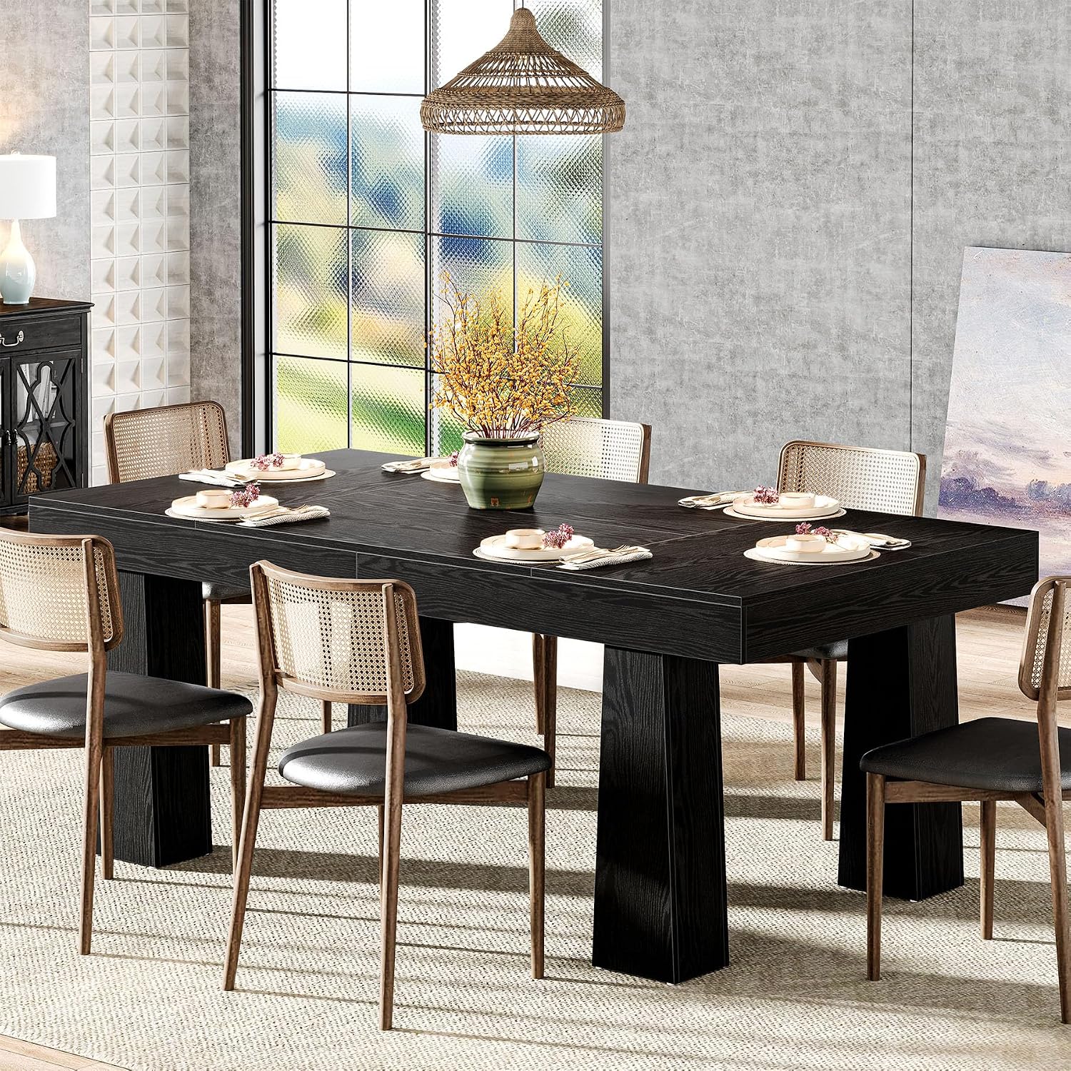 Tribesigns 63'' Dining Table, Modern Rectangular Kitchen Table with Heavy Duty Tapered Legs, Black Business Dinner Table for Dining Room, Cafe, Restaurant, Easy Assembly (1, Black)