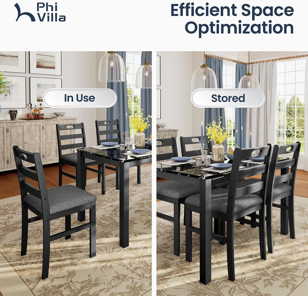 PHI VILLA 5 Piece Dining Table Set for 4, Marble Design Kitchen Table Chairs Set of 4, Solid Wood Space-Saving Dining Room Table Set for Apartment, Veined Black Marble& Gray