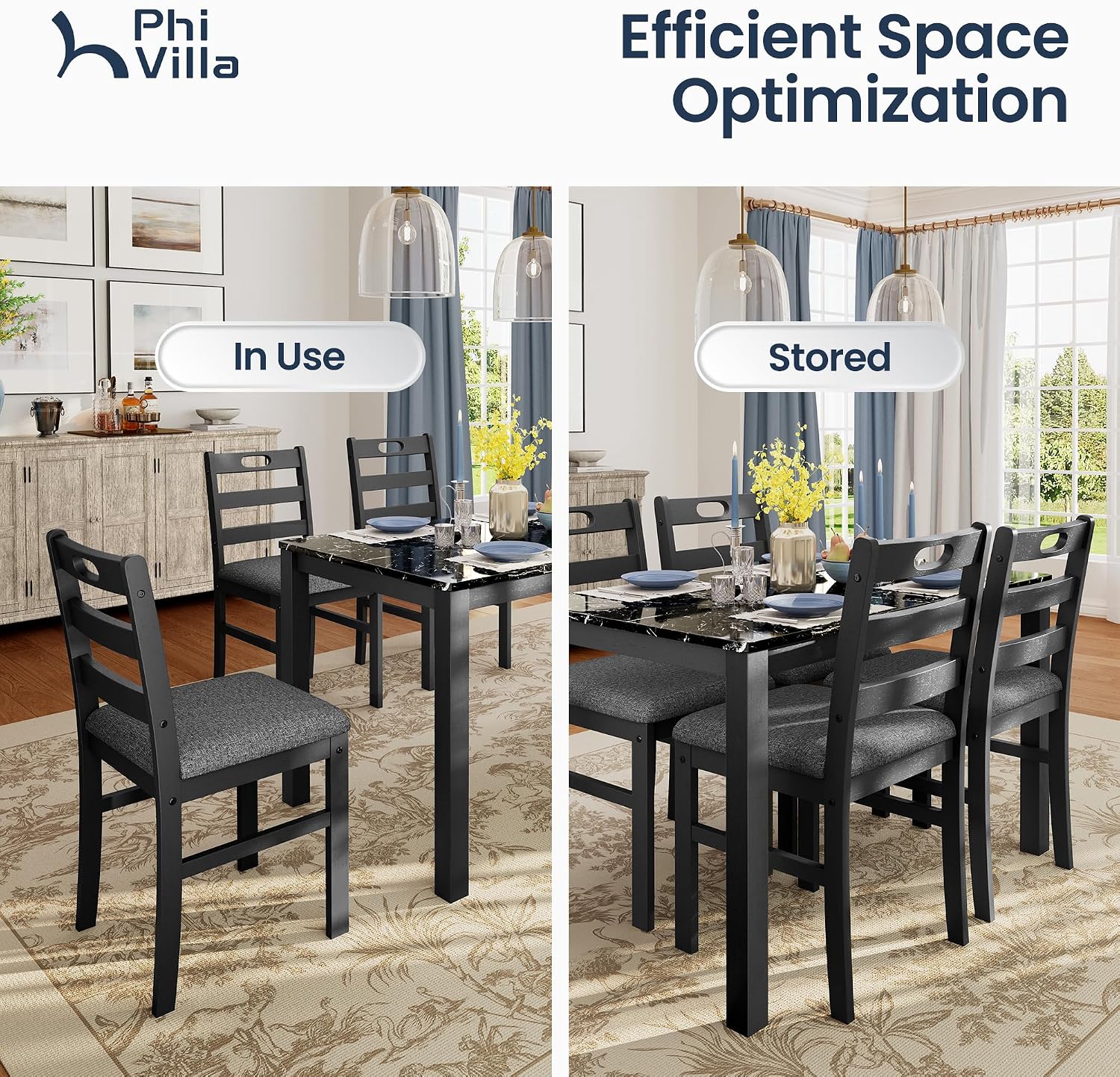 PHI VILLA 5 Piece Dining Table Set for 4, Marble Design Kitchen Table Chairs Set of 4, Solid Wood Space-Saving Dining Room Table Set for Apartment, Veined Black Marble& Gray