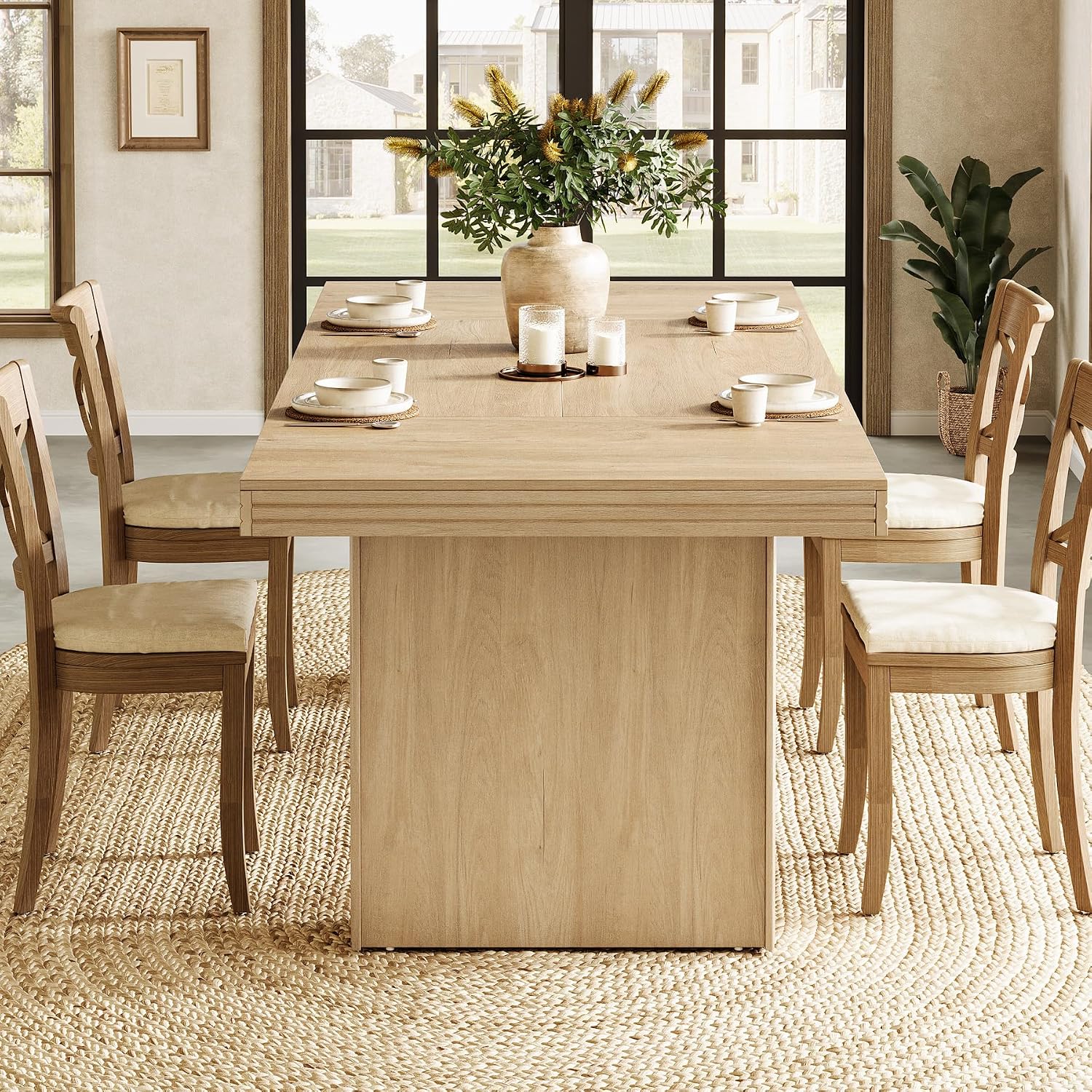 Tribesigns 63 Inches Farmhouse Dining Table for 6, Modern Kitchen Table with Fluted Line for Dining Room, Living Room, Natural
