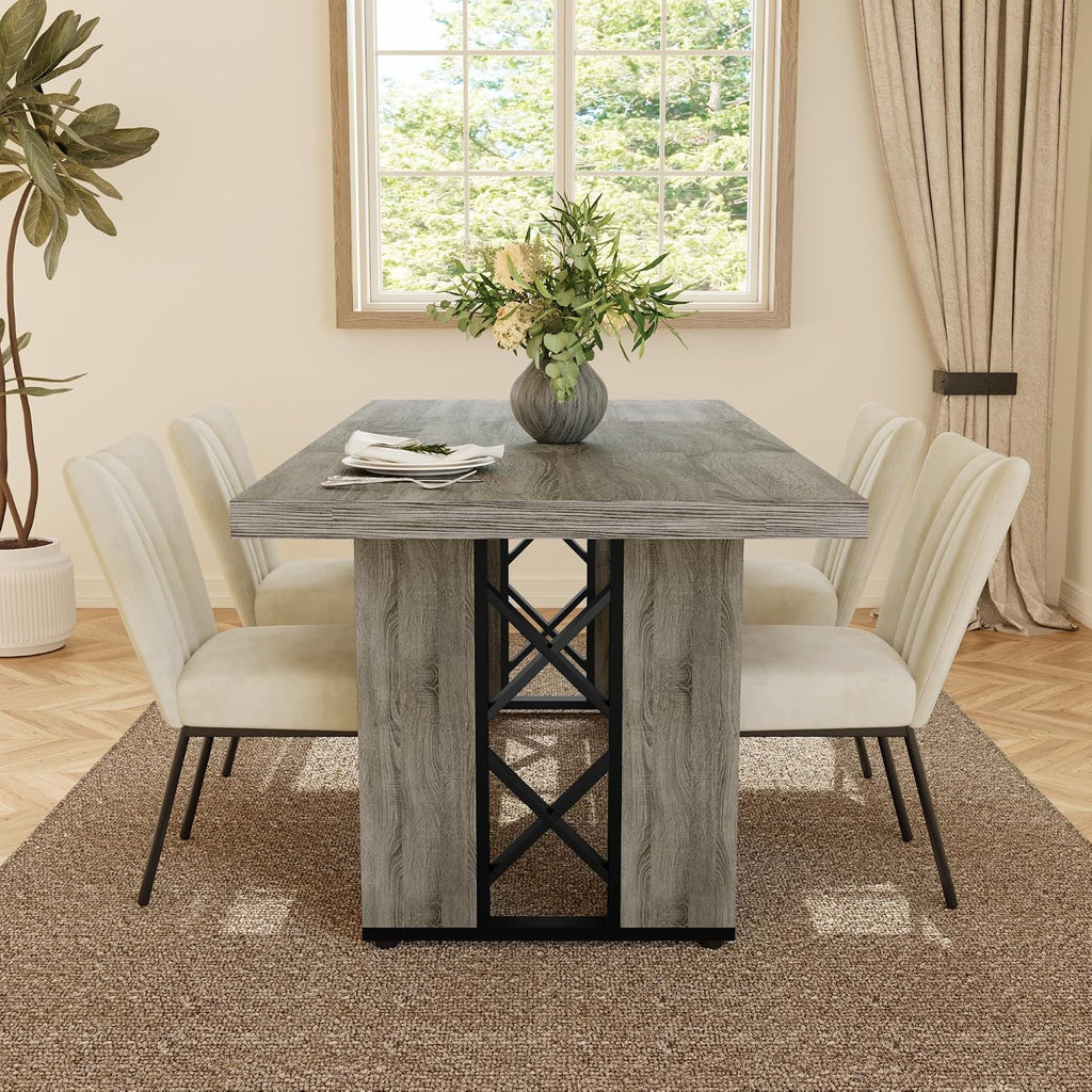 HIPIHOM 7-Piece Dining Table Set for 6 People, 70.8' MDF Kitchen Table with 6 Velvet Chairs, Space-Saving for Dining Room, Breakfast Nook(Grey Table+6 Beige Chairs)