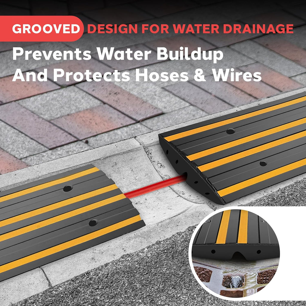 Pyle 8 Ft. Rubber Curb Ramp Set - Pack of 2 Heavy Duty Non-Slip Threshold Ramps for Driveways & Sidewalks, Waterproof, Yellow Reflective Strips, Expansion Screws Included, 48''x16''x2.6'' Inches
