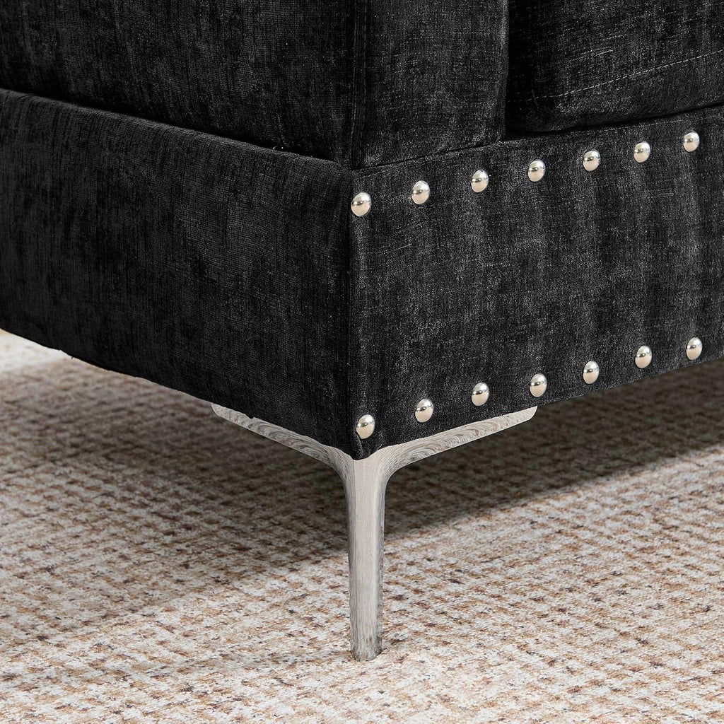 102' L-Shaped Sectional Coch with Chaise & Storage Ottoman, 4-Seater Chenille Upholstered Corner Sofa Couch with Metal Legs & Copper Rivets, Sectional Couches for Living Room with Pillow Back, Black