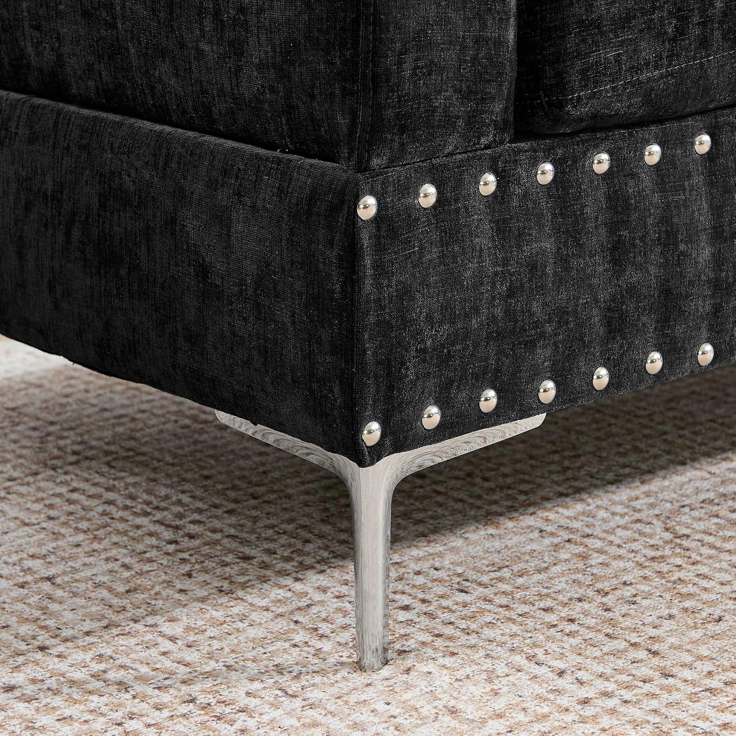 102' L-Shaped Sectional Coch with Chaise & Storage Ottoman, 4-Seater Chenille Upholstered Corner Sofa Couch with Metal Legs & Copper Rivets, Sectional Couches for Living Room with Pillow Back, Black