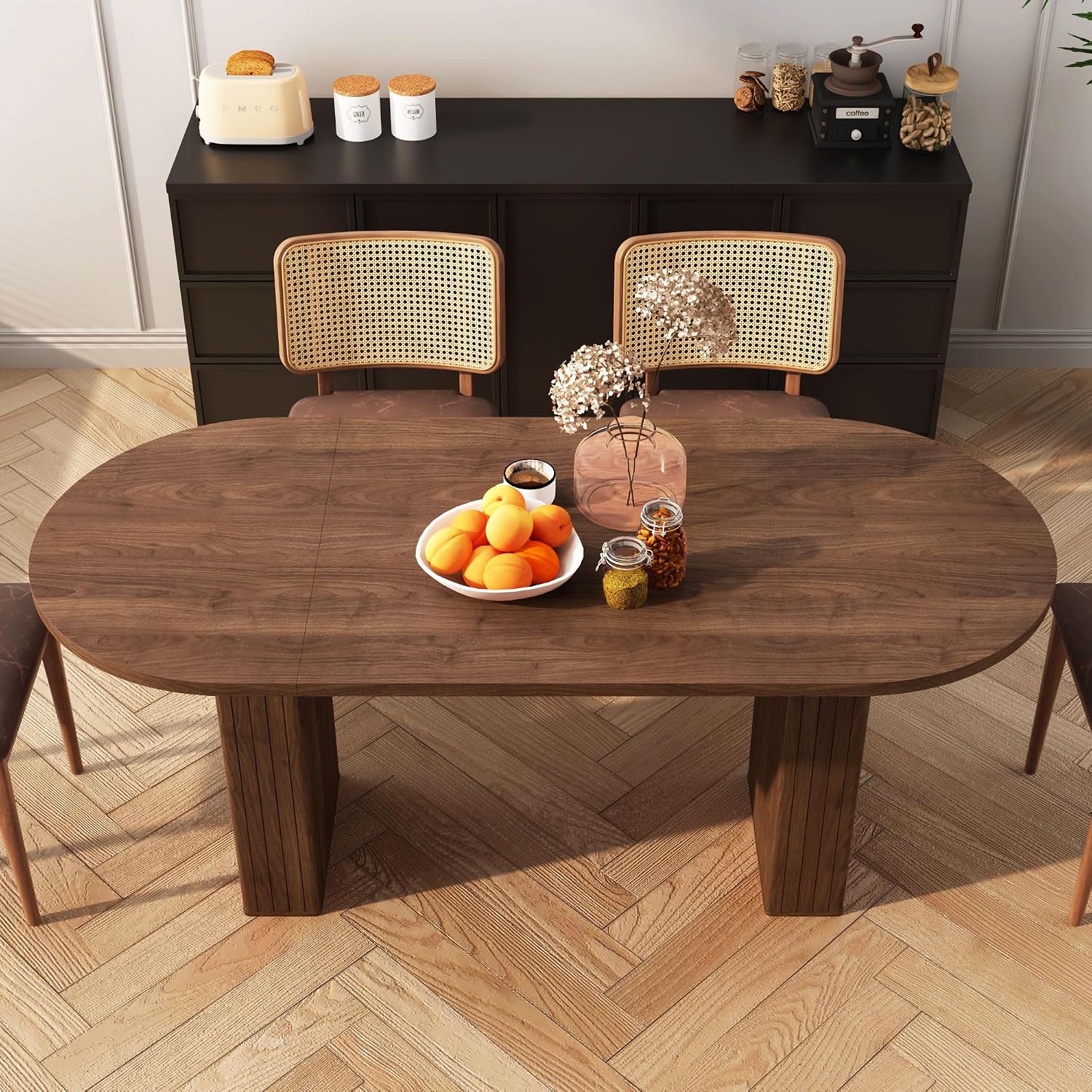 70.8 Inch Oval Dining Table for 4-6 People, Kitchen Table with Wood Strip Base, Modern Farmhouse Round Dining Room Tables for Kitchen Living Room (Walnut)
